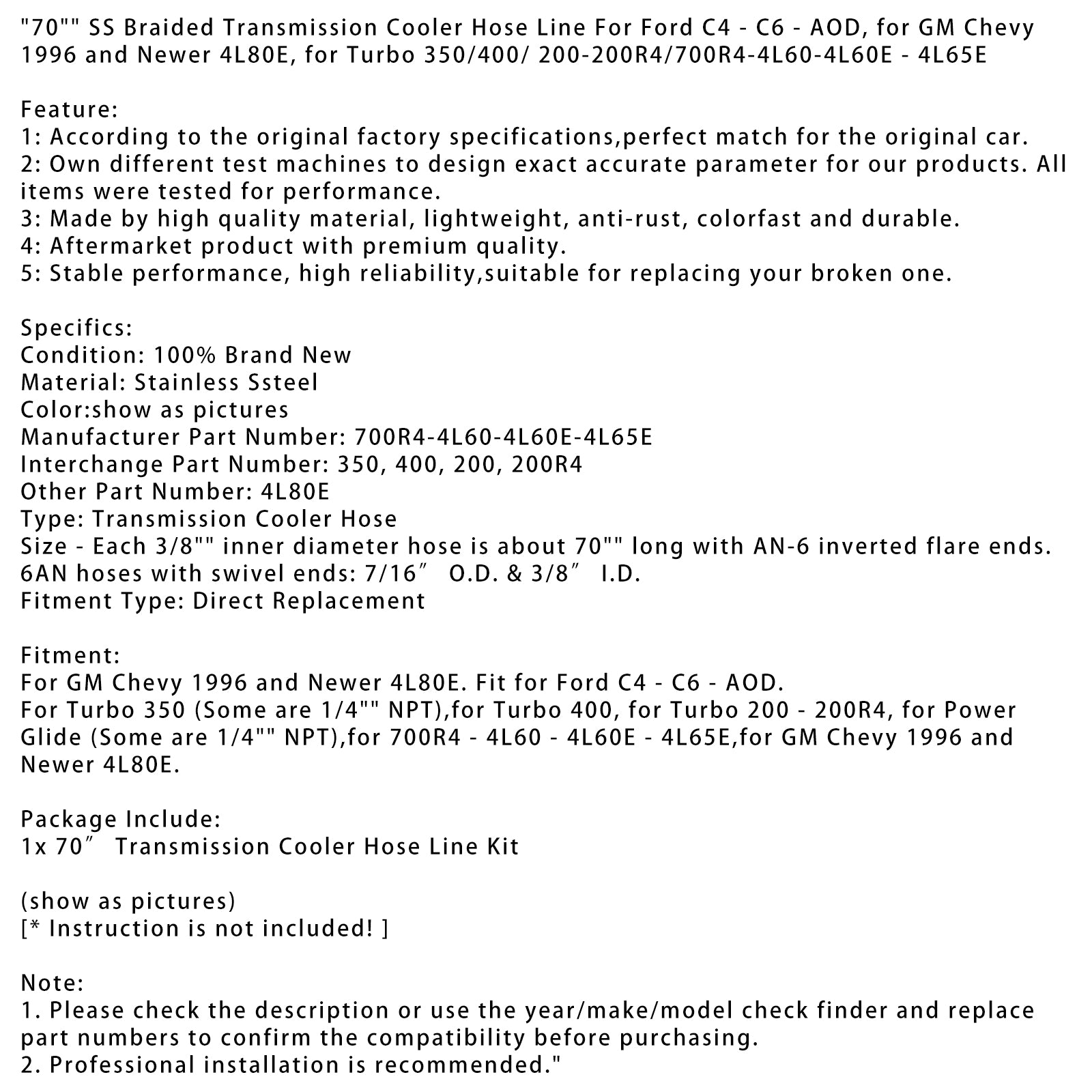 70" SS Braided Transmission Cooler Hose Line For Turbo 700R4-4L60-4L60E - 4L65E