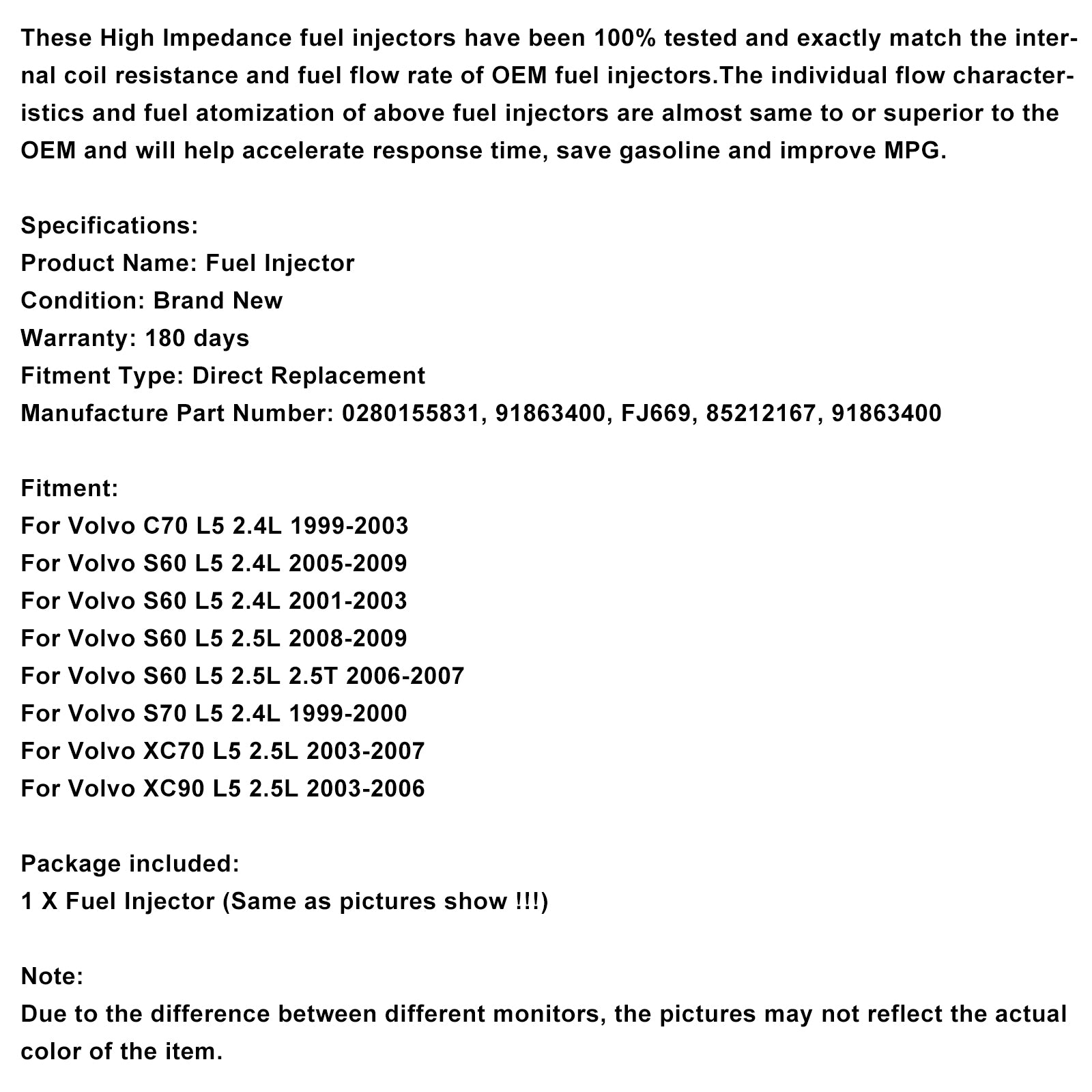 1PCS Fuel Injector 0280155831 Fit Volvo S60 S80 C70 XC90 2.4L 2.5L 1998-2009