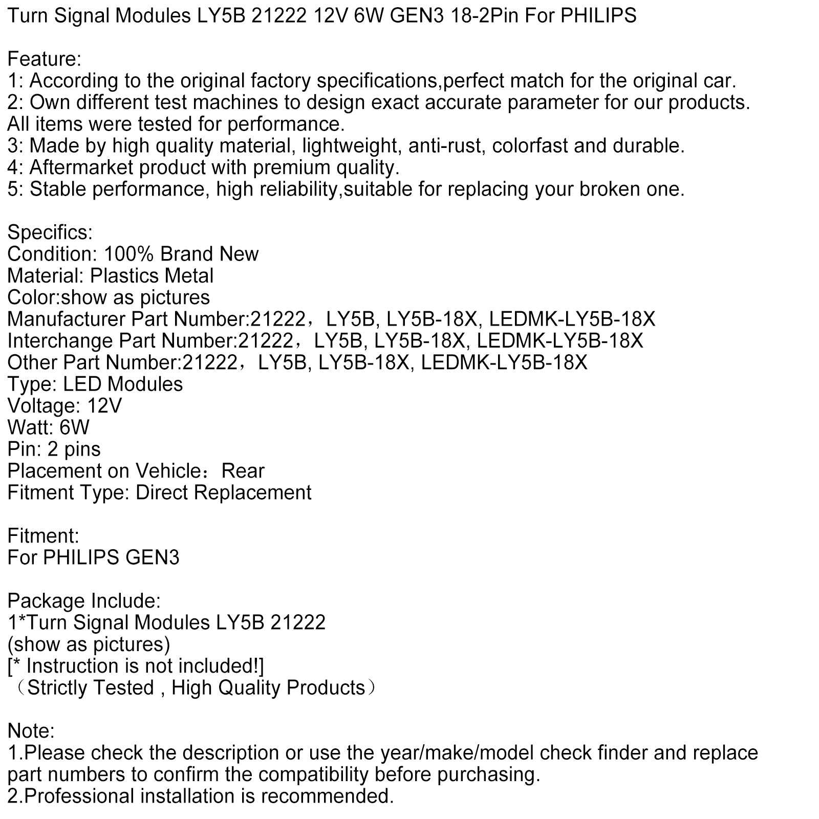 Módulos de señal de giro LY5B 21222 12V 6W GEN3 18-2Pin para PHILIPS