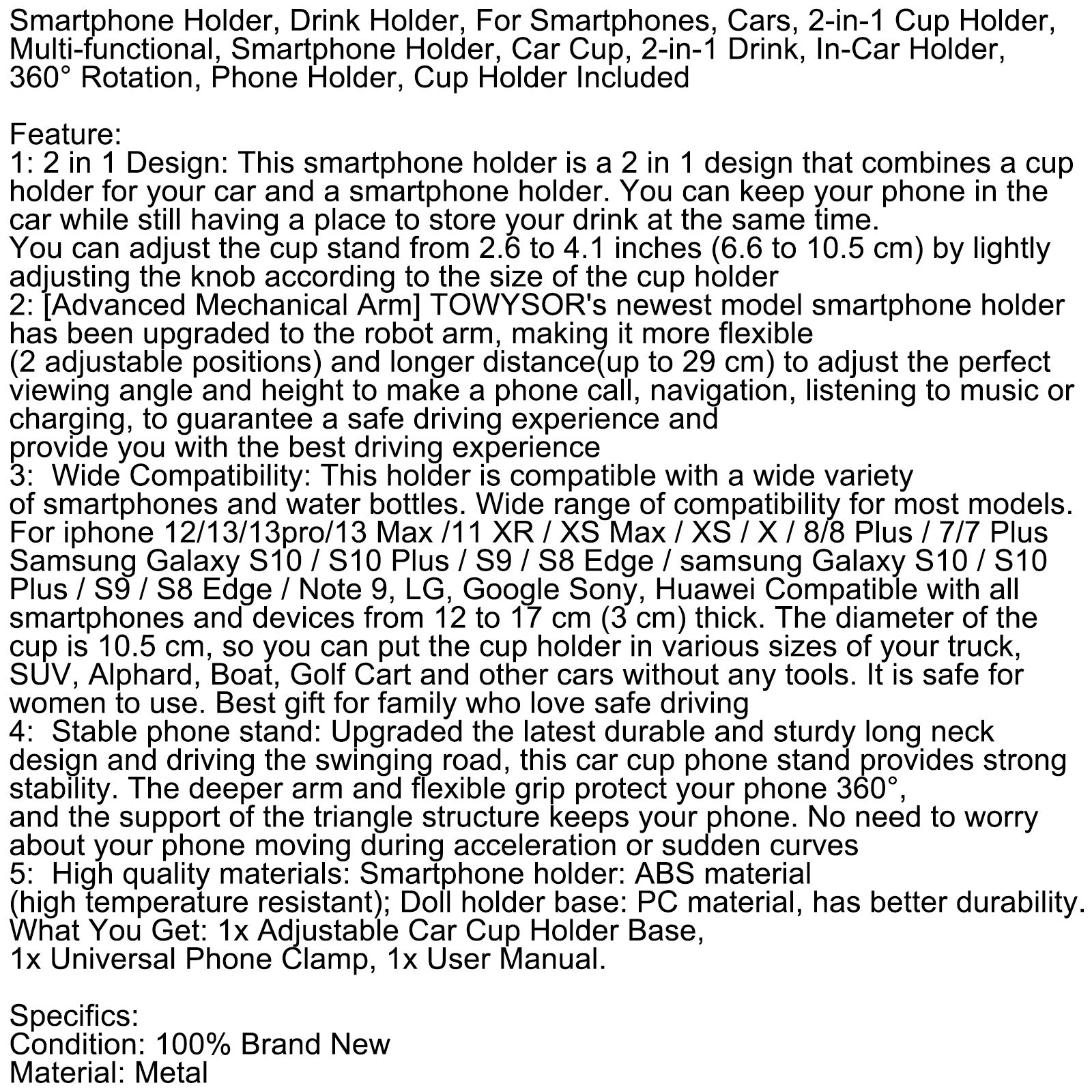 Smarttelefonholder, drikkeholder, for smarttelefoner, biler, 2-i-1 koppholder