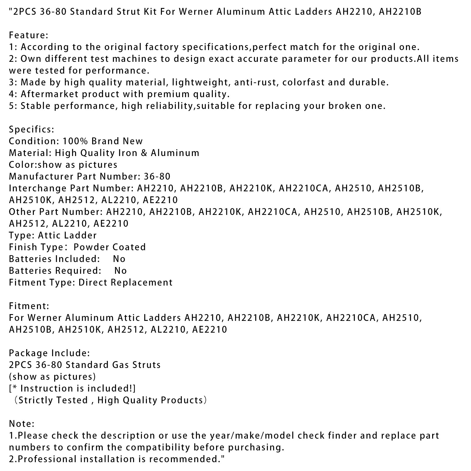 2st 36-80 Standard Strut Kit för Werner Aluminium Attic Ladders AH2210 AH2210B