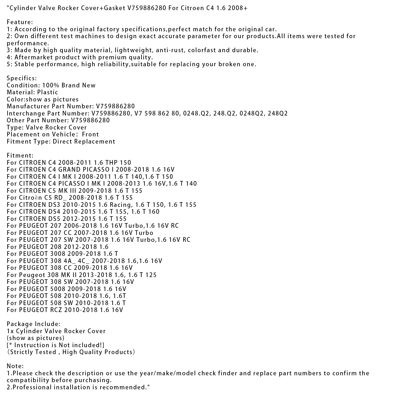 2006-2018 PEUGEOT 207 1.6 16V Turbo,1.6 16V RC Cylinder Valve Rocker Cover+Gasket V759886280