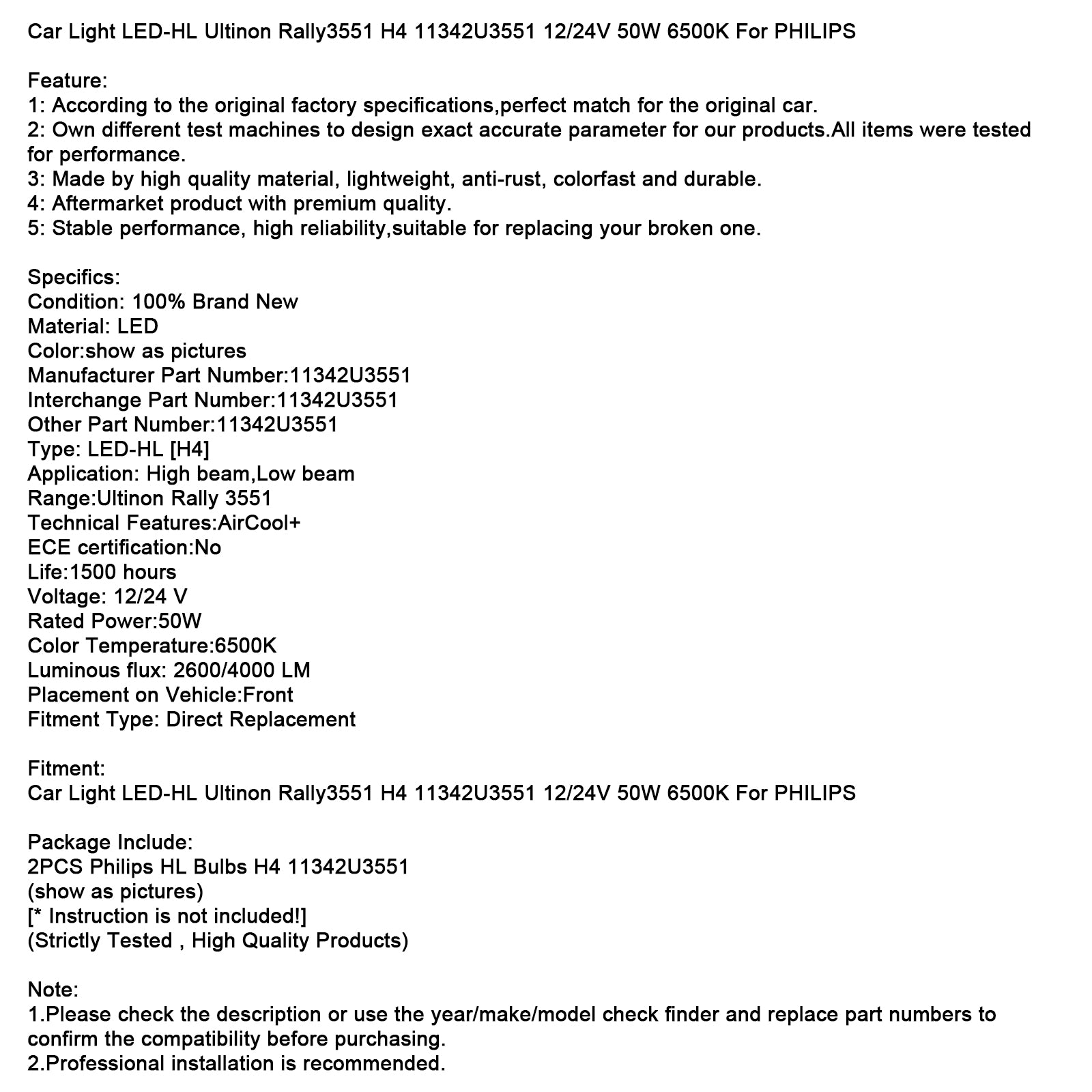 Automobil Led-Hl Ultinon Rally3551 H4 11342U3551 12/24V 50W 6500k pre Philips