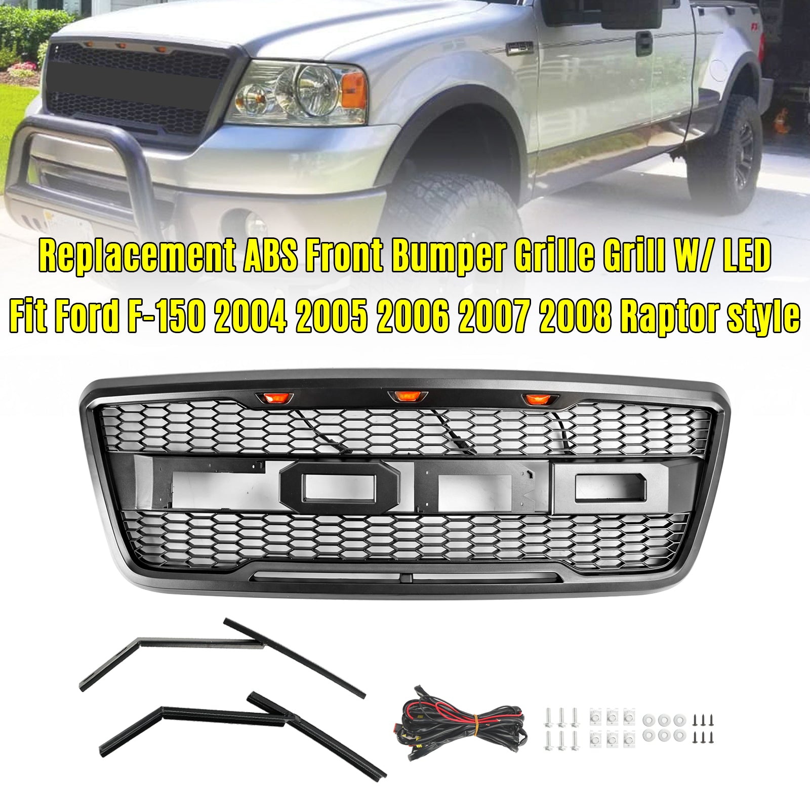 Raptor Style Front Mesh Hood Grille Grill Fit Ford F150 2004-2008 Met LED