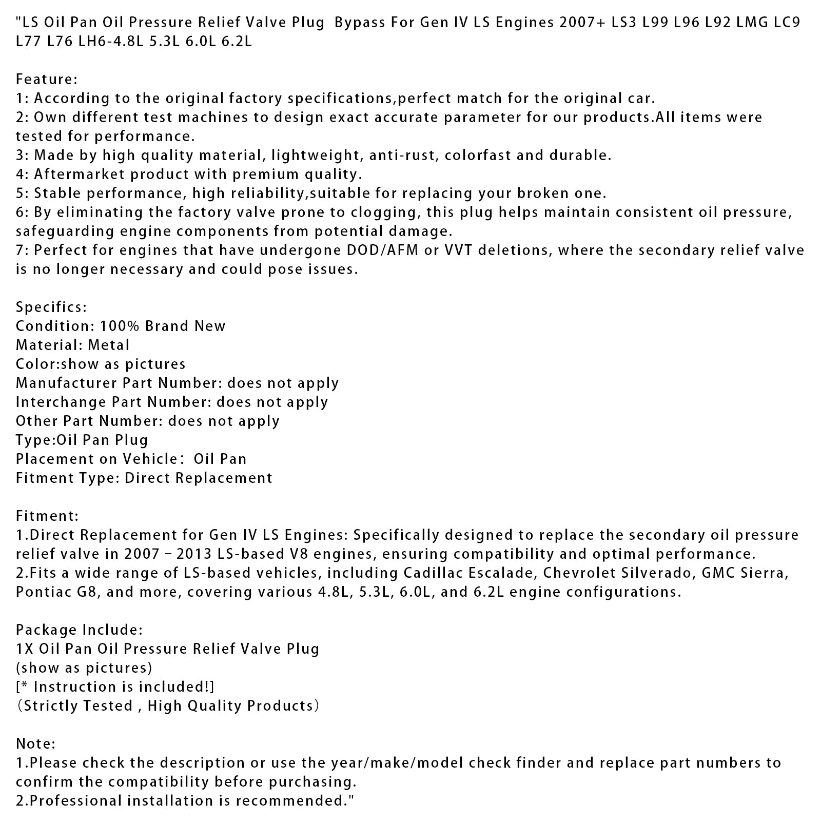 Oil Pan Oil Pressure Relief Valve Plug Bypass For Gen IV LS Engines 2007+ LS3