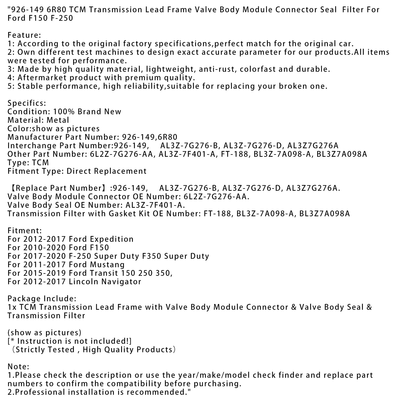 2010-2020 Ford F150 TCM Transmission Lead Frame Valve Body Module Connector Seal Filter