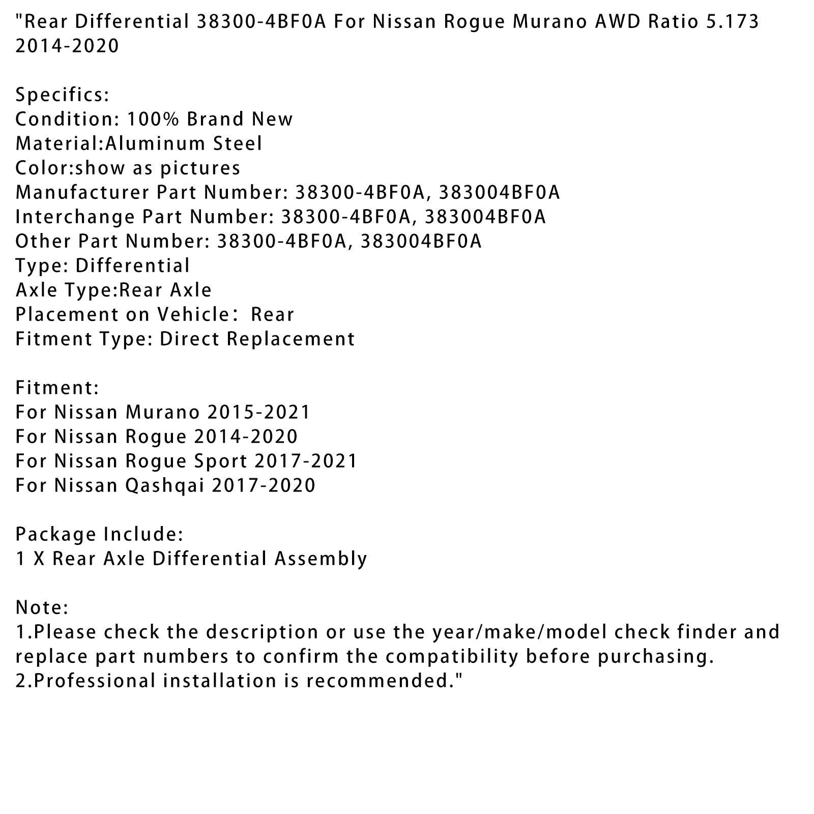 2014-2020 Nissan Rogue Rear Differential 38300-4BF0A