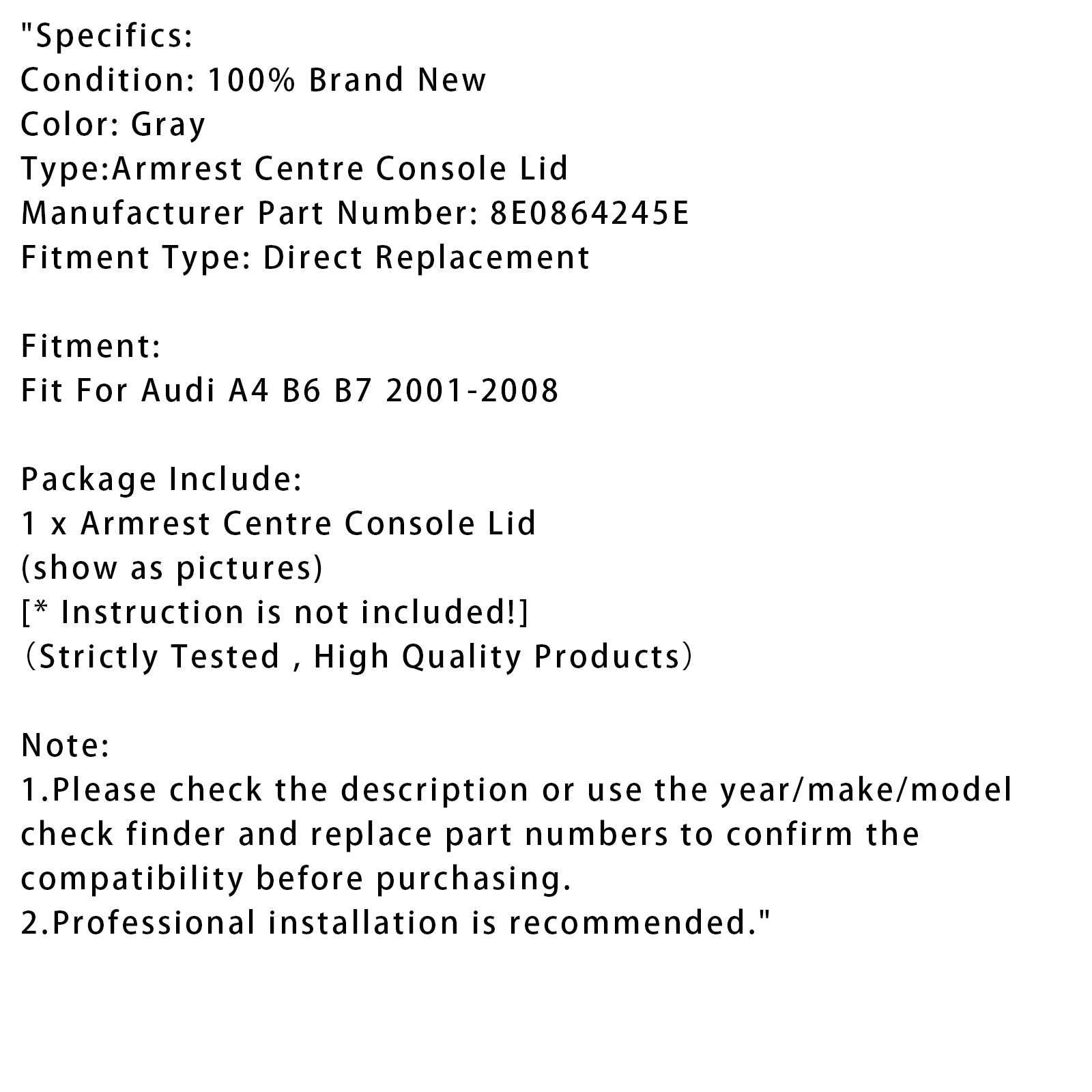 2001-2008 Audi A4 B6 B7 Gray Leather Armrest Centre Console Lid 8E0864245E