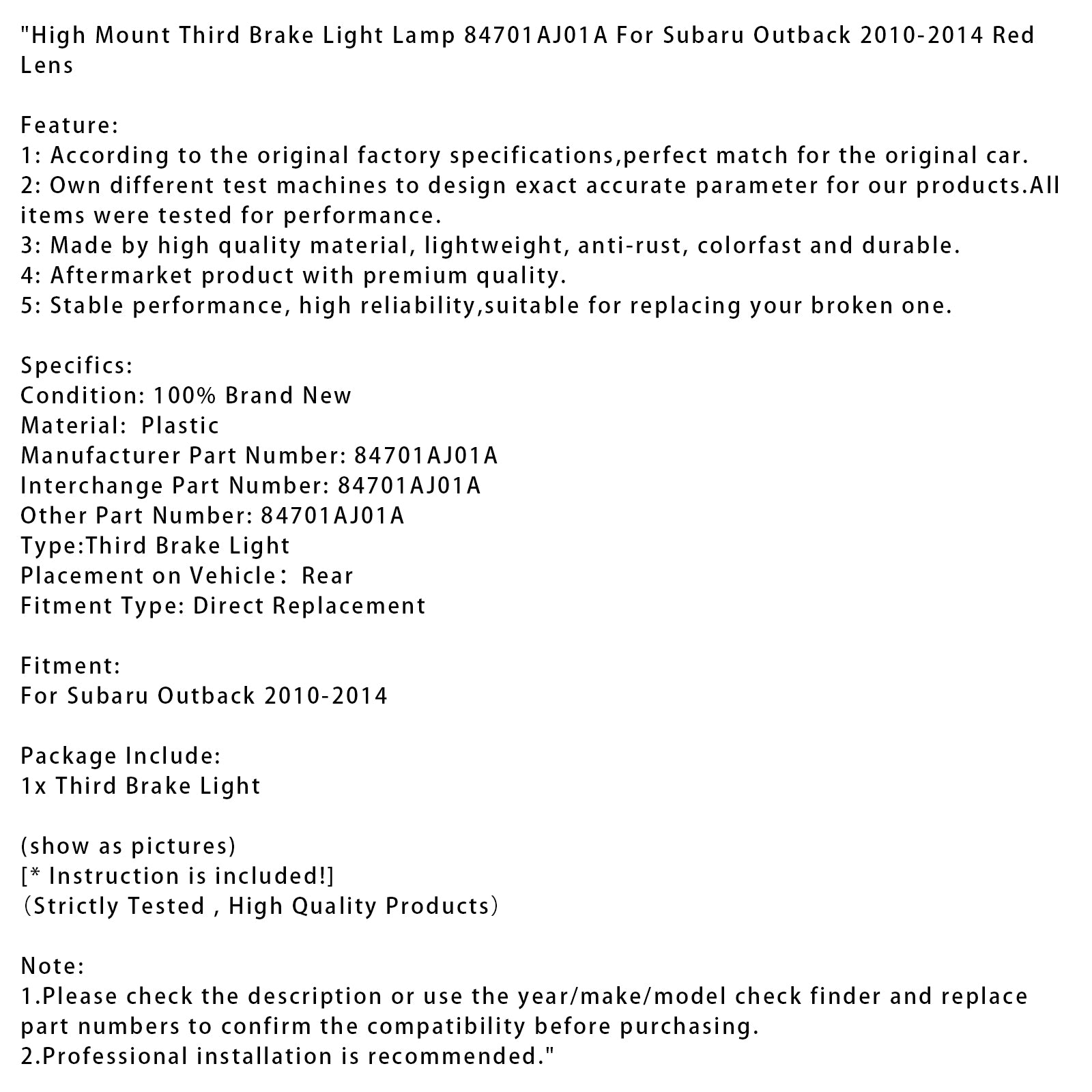 2010-2014 Subaru Outback High Mount Third Brake Light Lamp 84701AJ01A RED