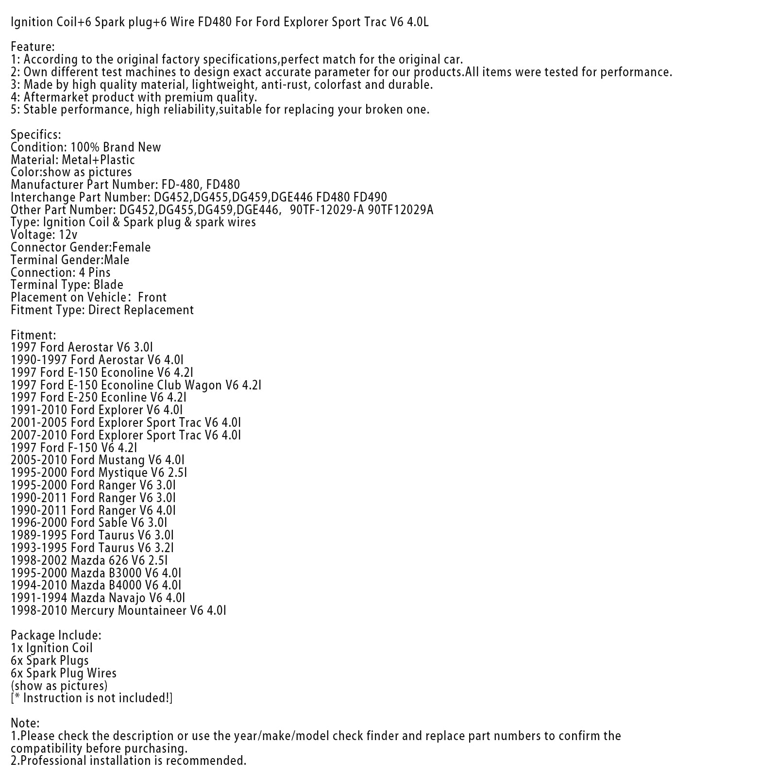 Ignition Coil+6 Spark plug+6 Wire FD480 For Ford Explorer Sport Trac V6 4.0L