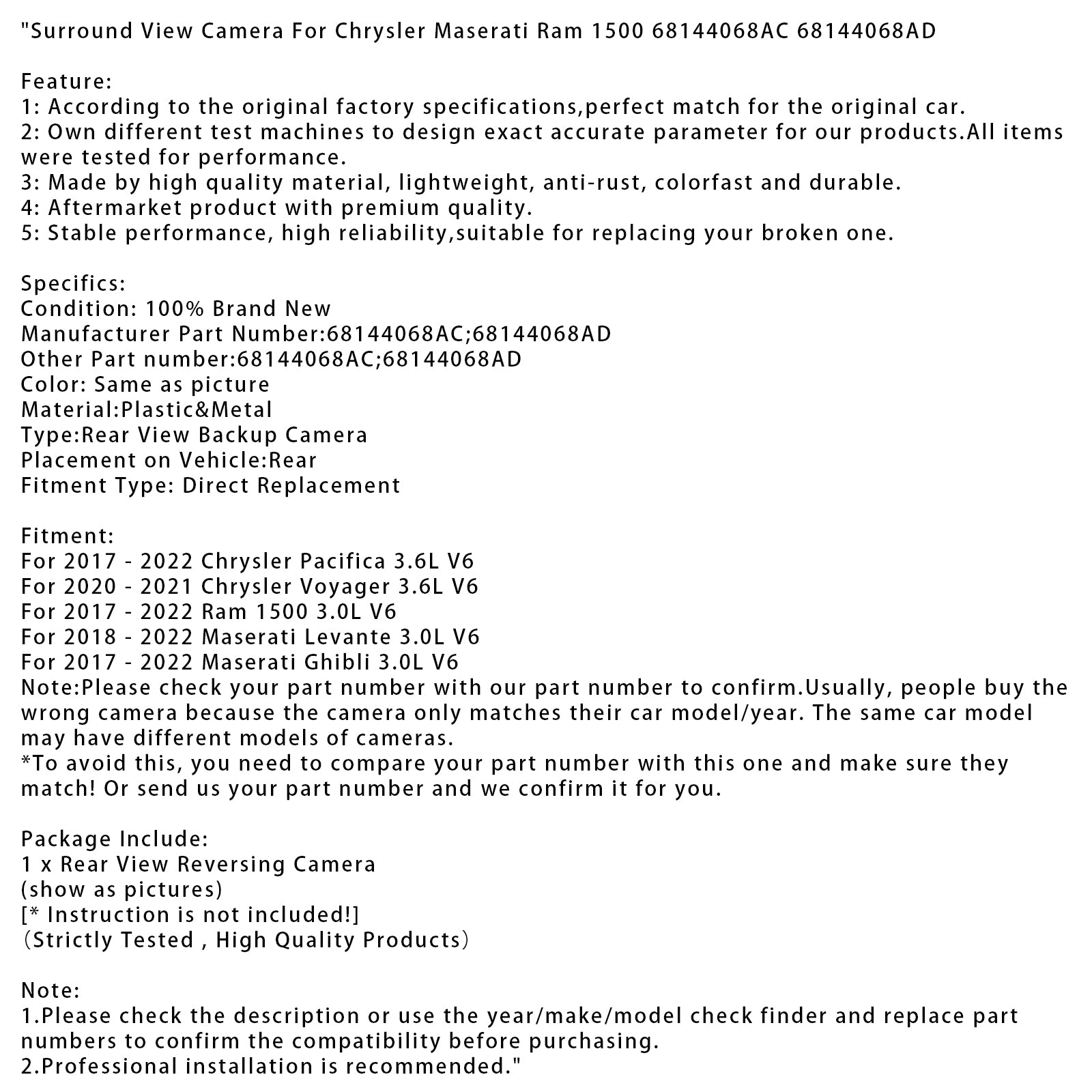 Surround View Camera For Chrysler Maserati Ram 1500 68144068AC 68144068AD