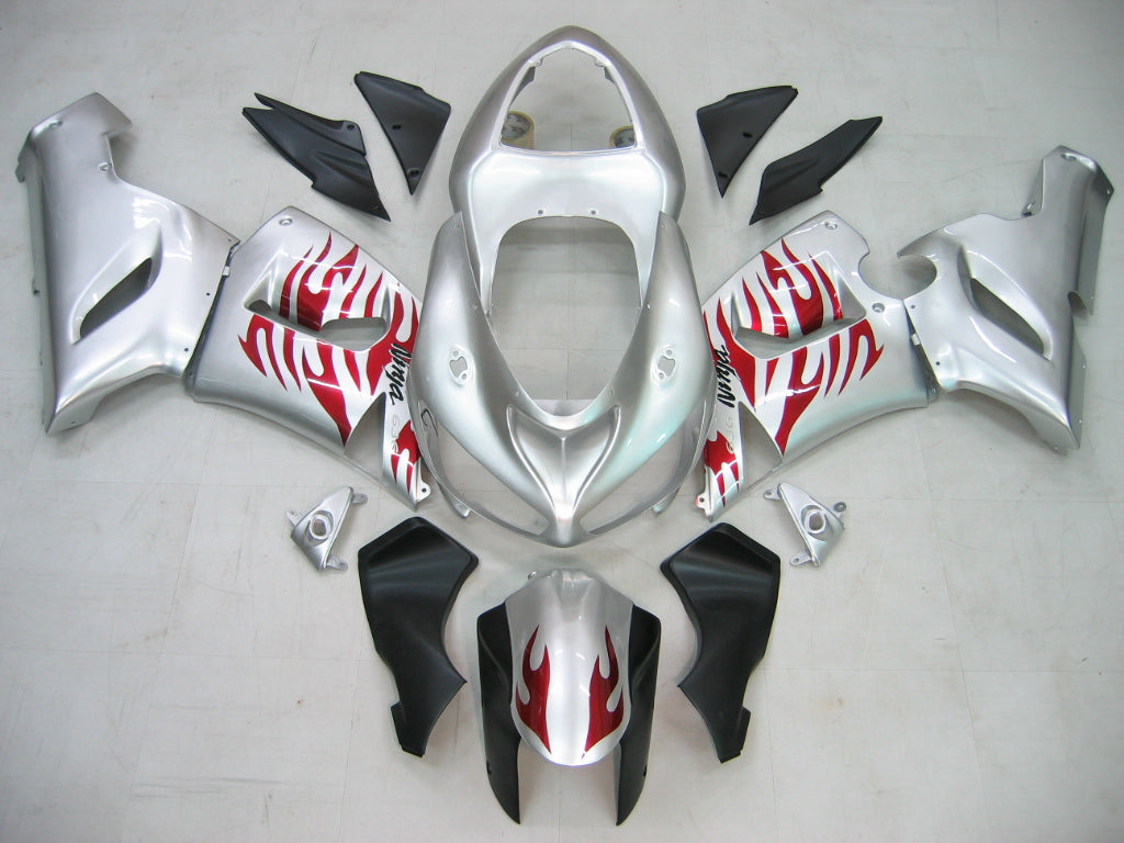 2005-2006 Kawasaki ZX6R 636 Fairings Silver & Red Flame Ninja Racing Generic