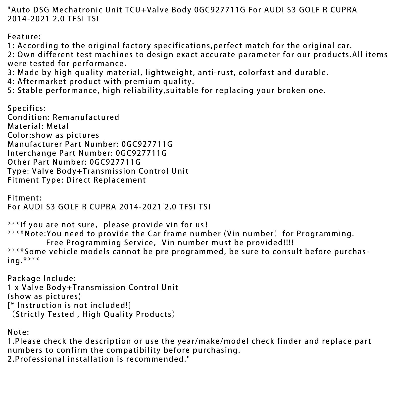 2014-2021 AUDI S3 GOLF R CUPRA 2.0 TFSI TSI Auto DSG Mechatronische eenheid TCU + kleplichaam 0GC927711G