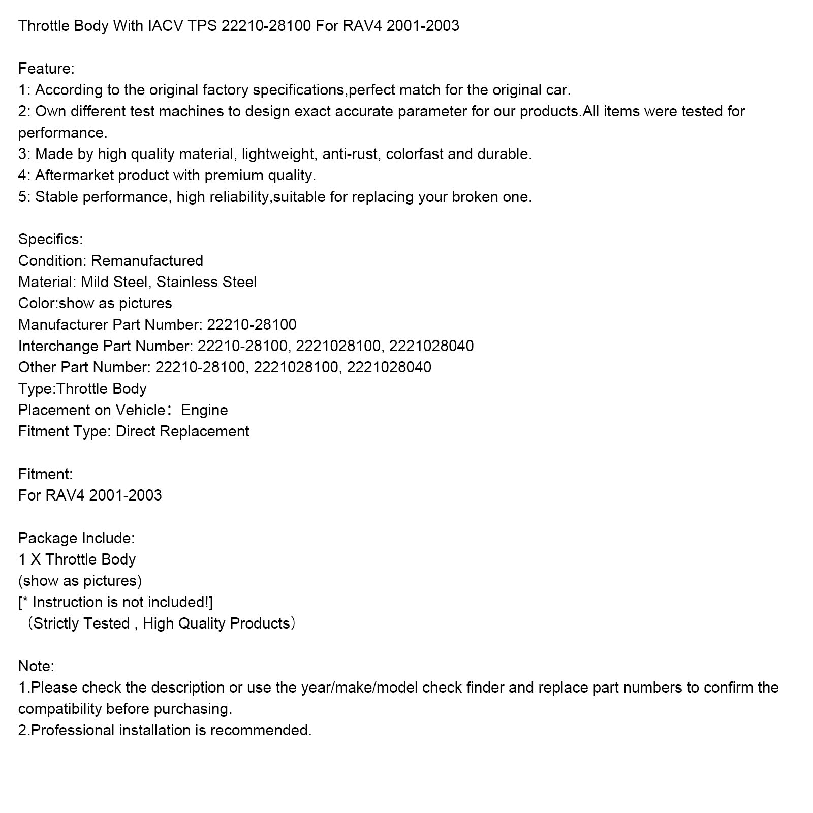 2001-2003 RAV4 Throttle Body With IACV TPS 22210-28100 2221028100 2221028040