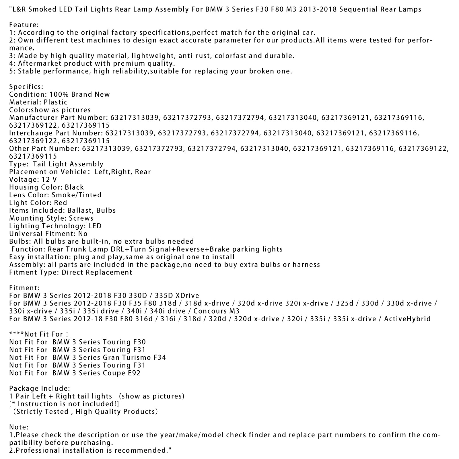 L&Zadné svetlá R s dymovými LED diódami pre BMW 3 F30 F80 M3 2013-2018