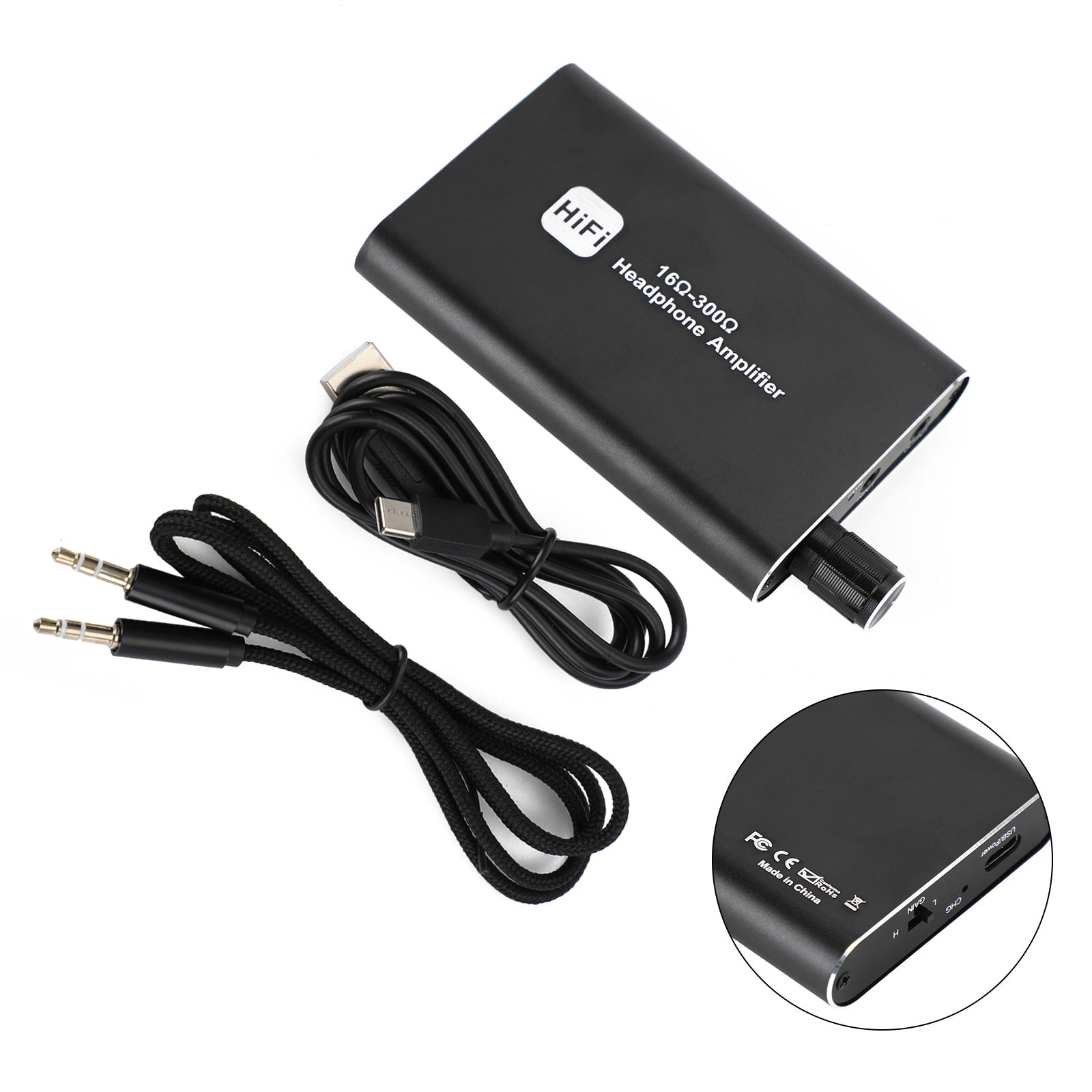 16Ω-300Ω HIFI Headphone Amplifier Portable Earphone AMP 3.5mm Audio w/ USB Cable