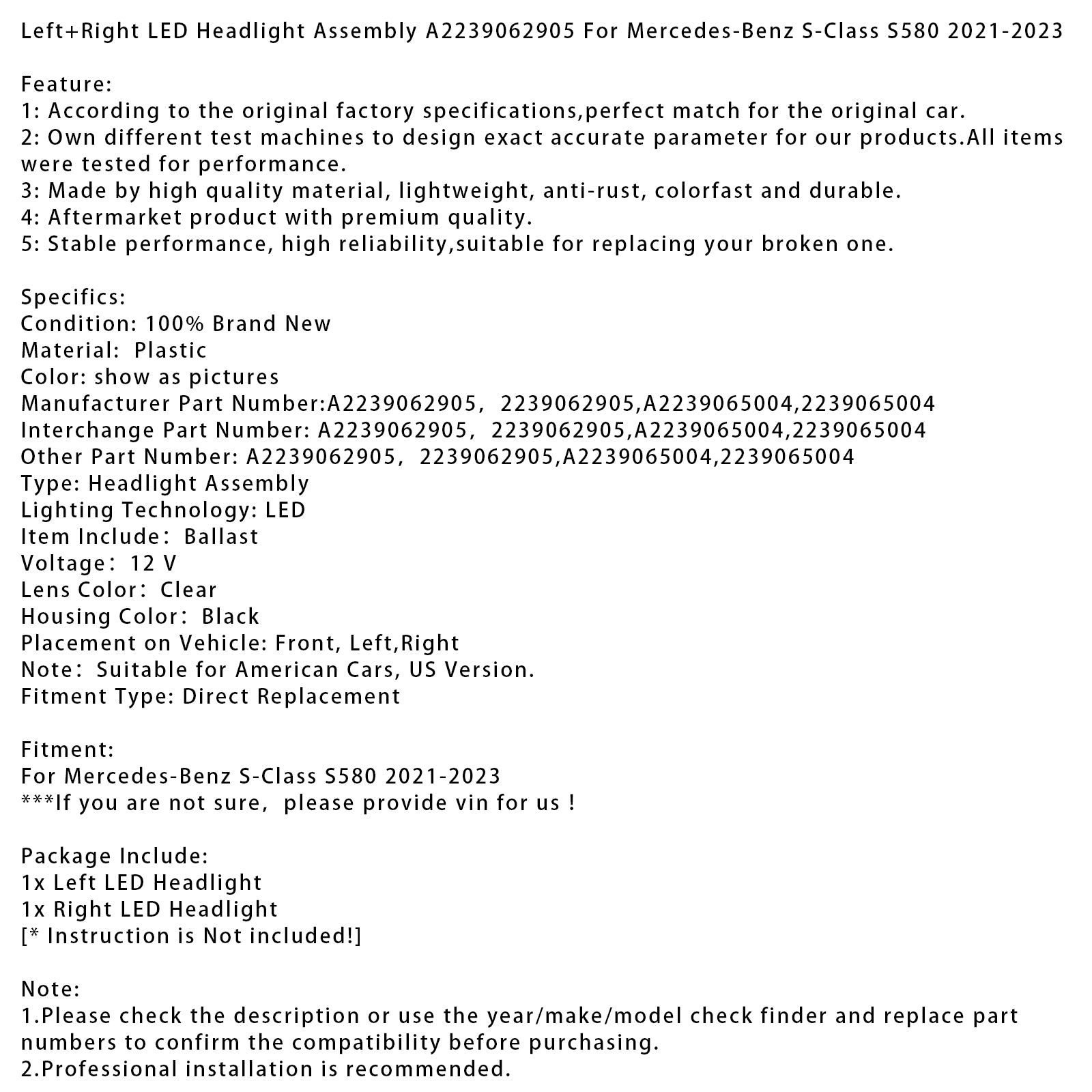 Left+Right LED Headlight Assembly For Mercedes-Benz S-Class S580 2021-2023