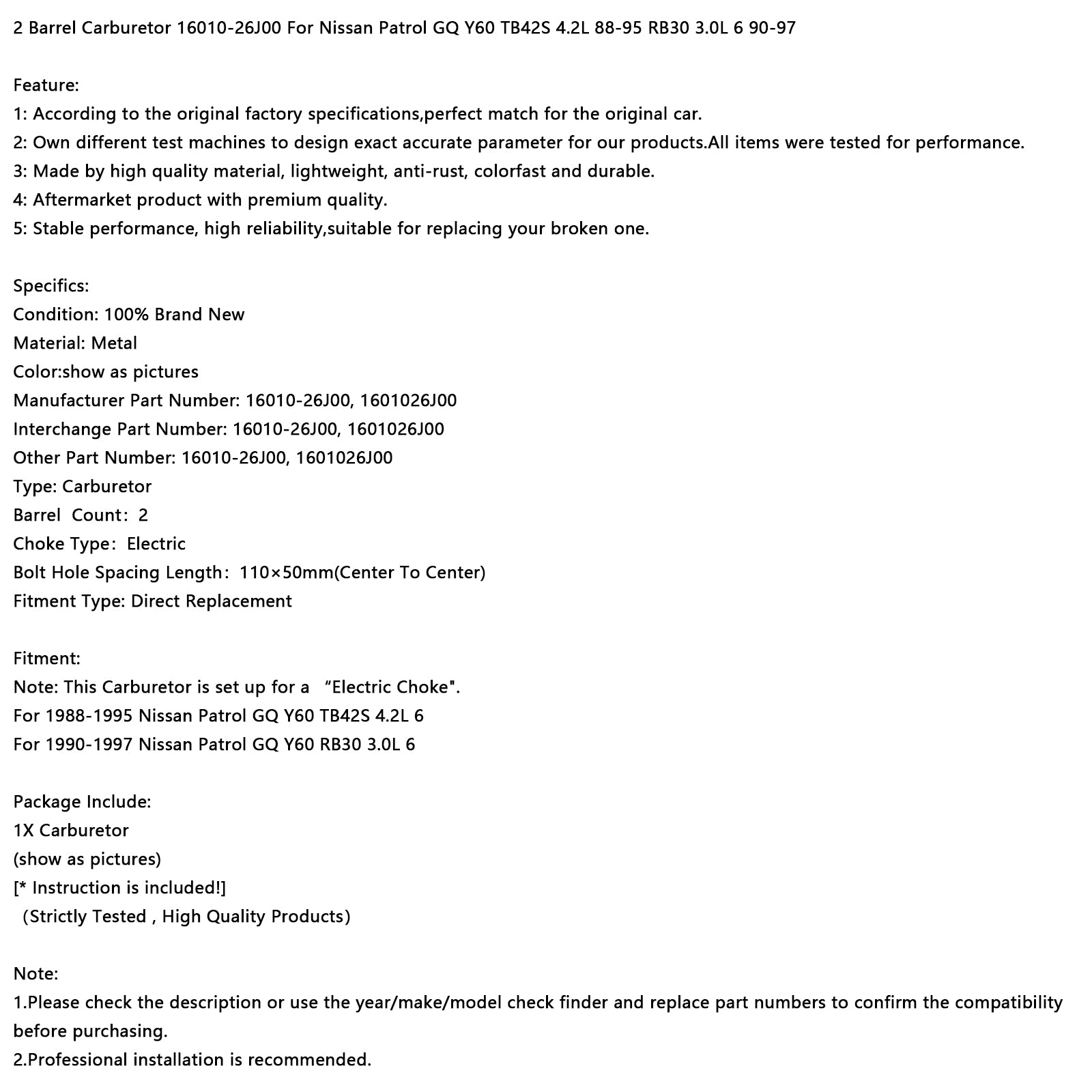 1990-1997 Nissan Patrol GQ Y60 RB30 3.0L 6 2 carburador de barril 16010-26J00