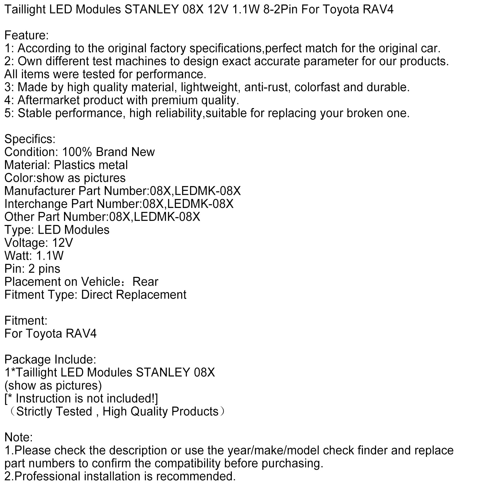 Módulos LED da luz traseira Stanley 08x 12V 1,1W 8-2pin para Toyota RAV4