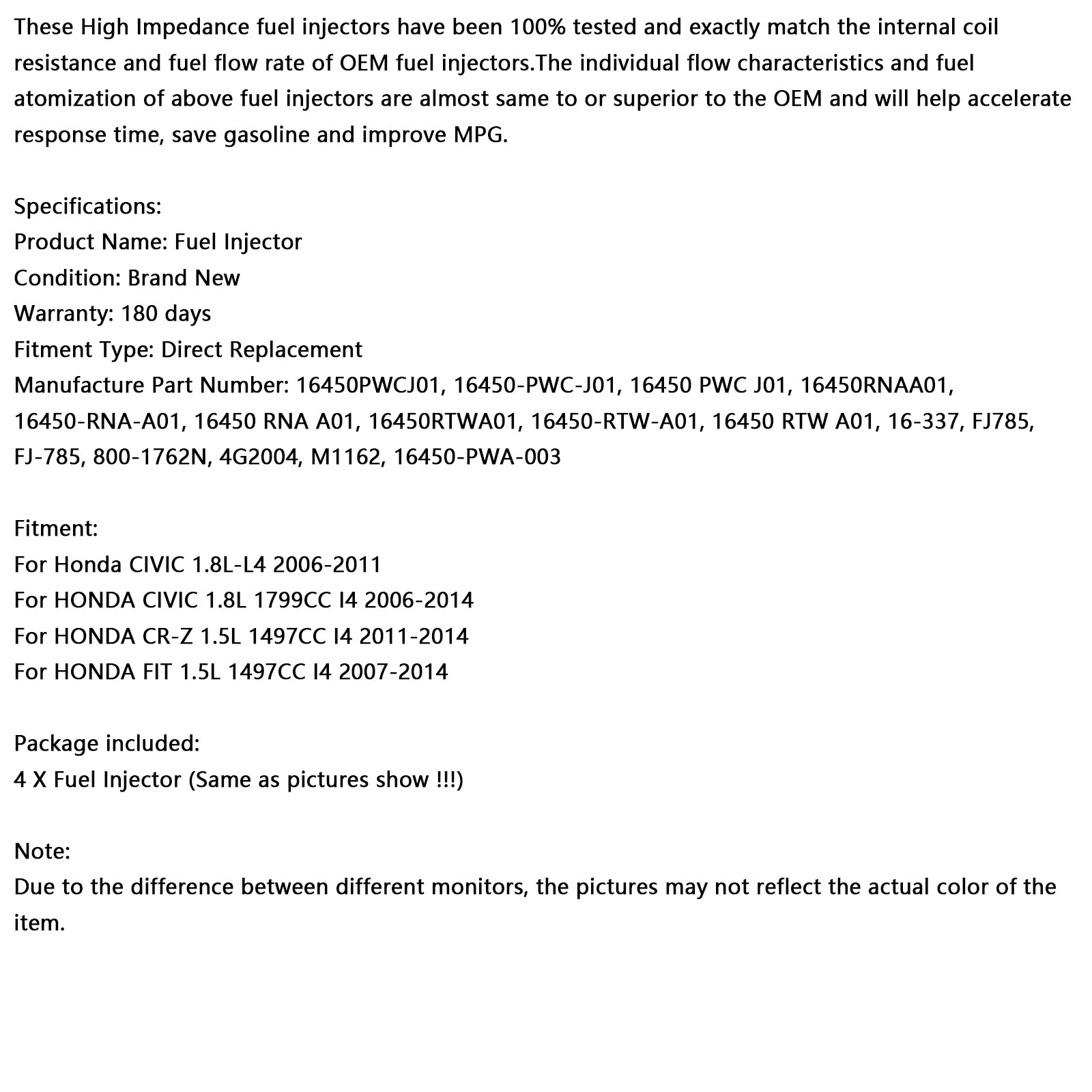 4 inyectores de combustible 16450-PWC-J01 compatibles con HONDA CIVIC 1.8L 2006-2014 MP4274