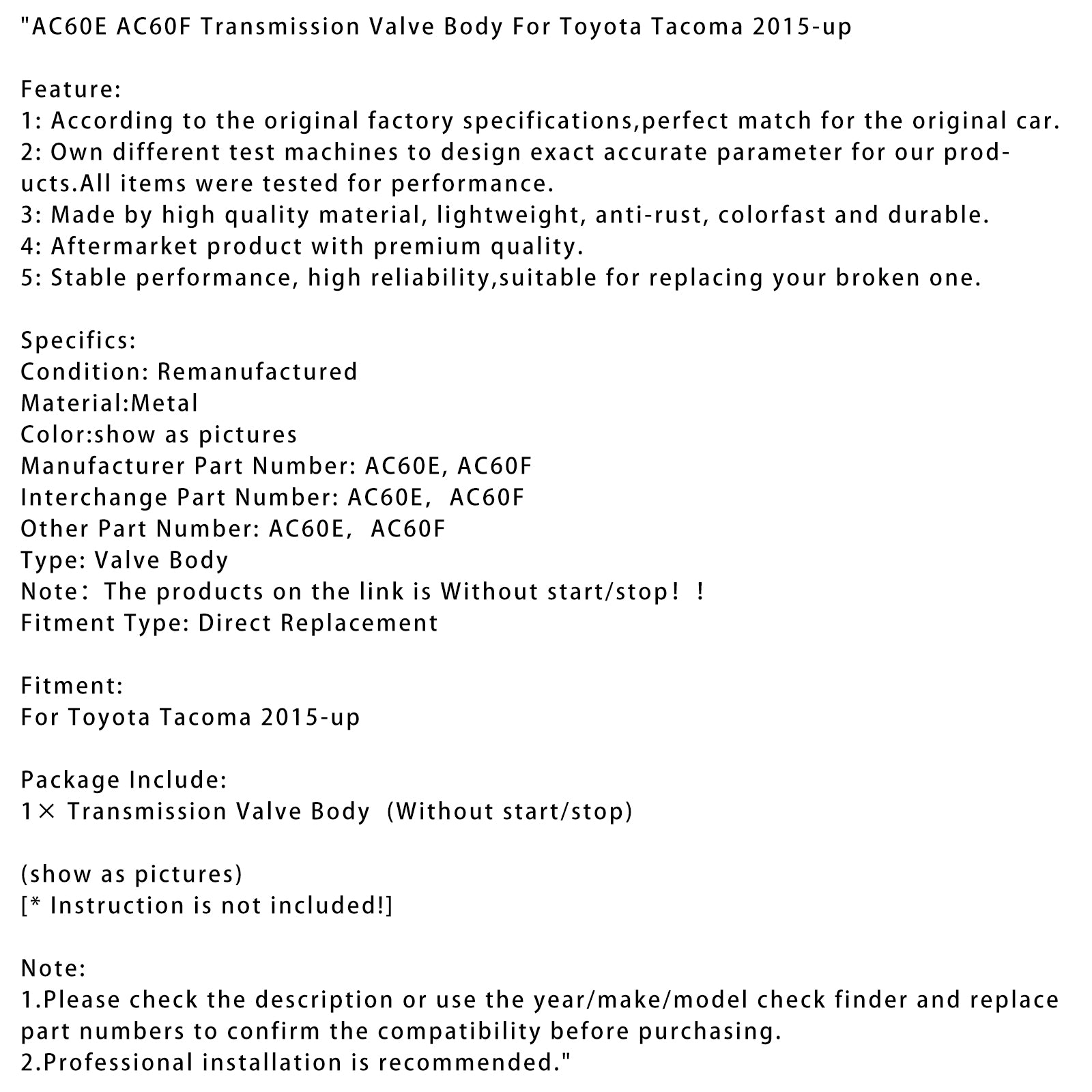 2015-up Toyota Tacoma Transmission Body AC60E AC60F