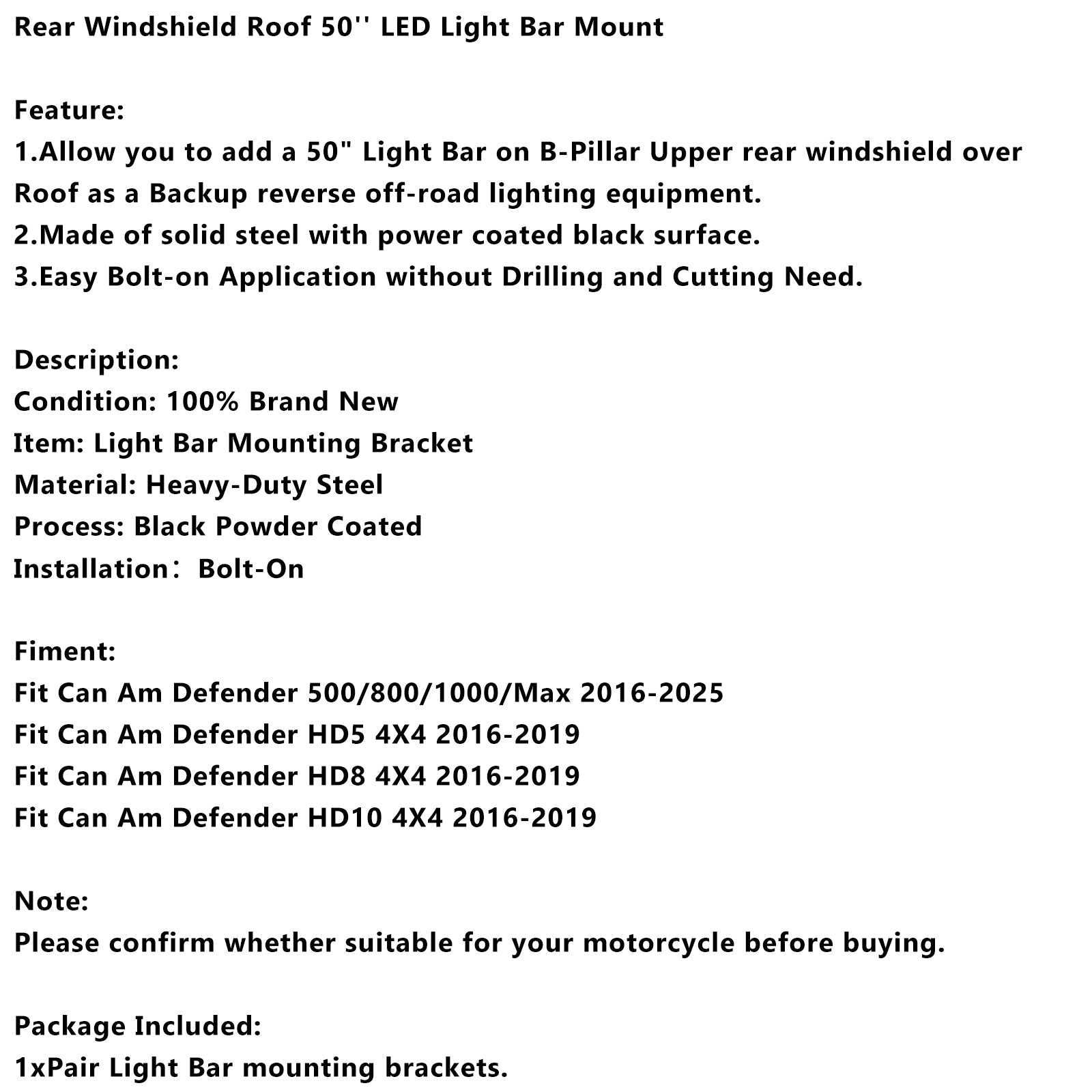 Techo del parabrisas trasero 50"Soporte de barra de luz LED para Can Am Defender 500/800/1000