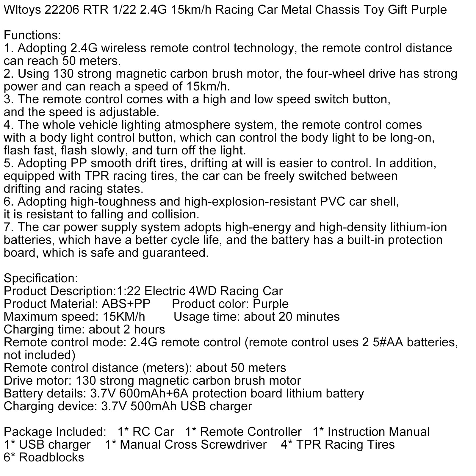 Wltoys 22206 RTR 1/22 2,4 g 15 km/h racingbil metallchassis Toy Gift Purple Purple