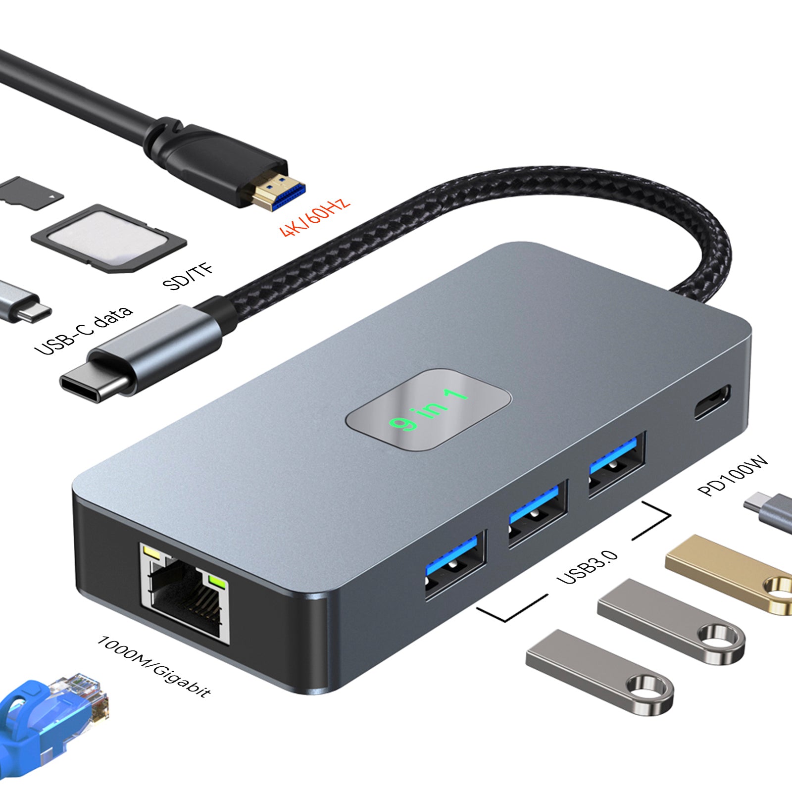 9 en 1 TYPE-C a RJ45(Gigabit)+USB3.0*3+HDMI+USB-CS Data+PD100W+SD/TF iPad Pro