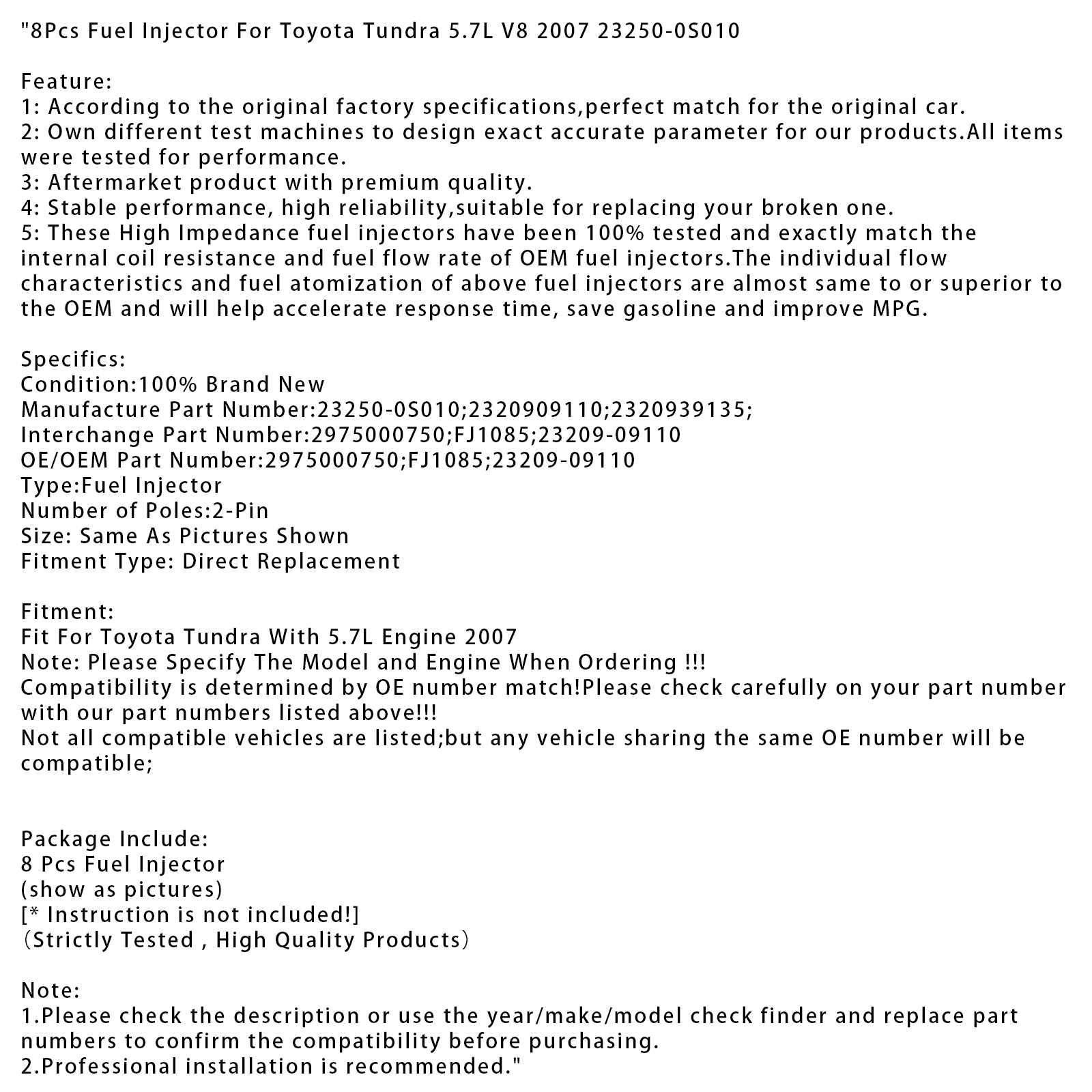 8Pcs Fuel Injector For Toyota Tundra 5.7L V8 2007 23250-0S010