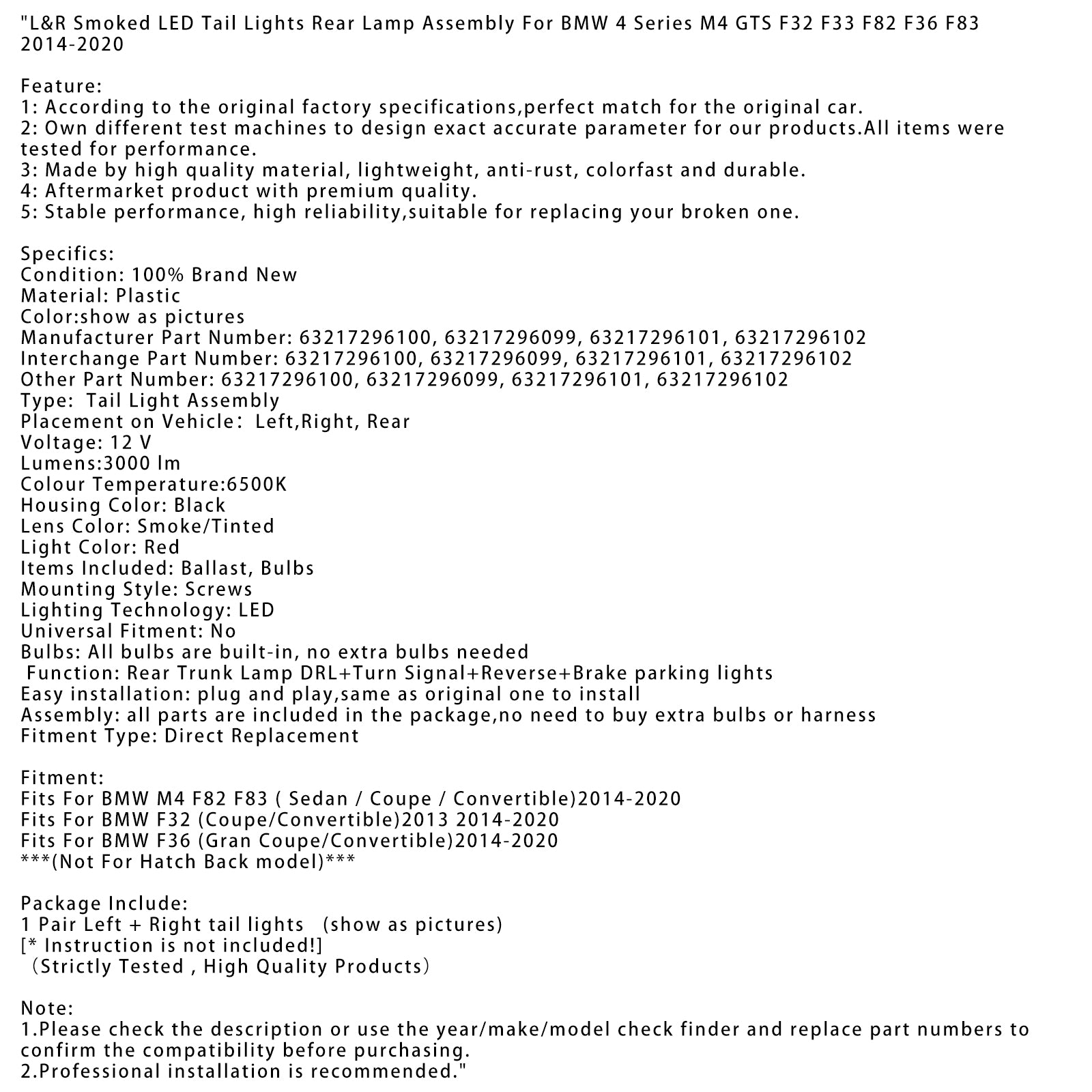 2014-2020 BMW F36 (Gran Coupe/Kabriolet) L&Zadné svetlá R s dymovými LED diódami, zostava zadných svetiel 63217296100 63217296099