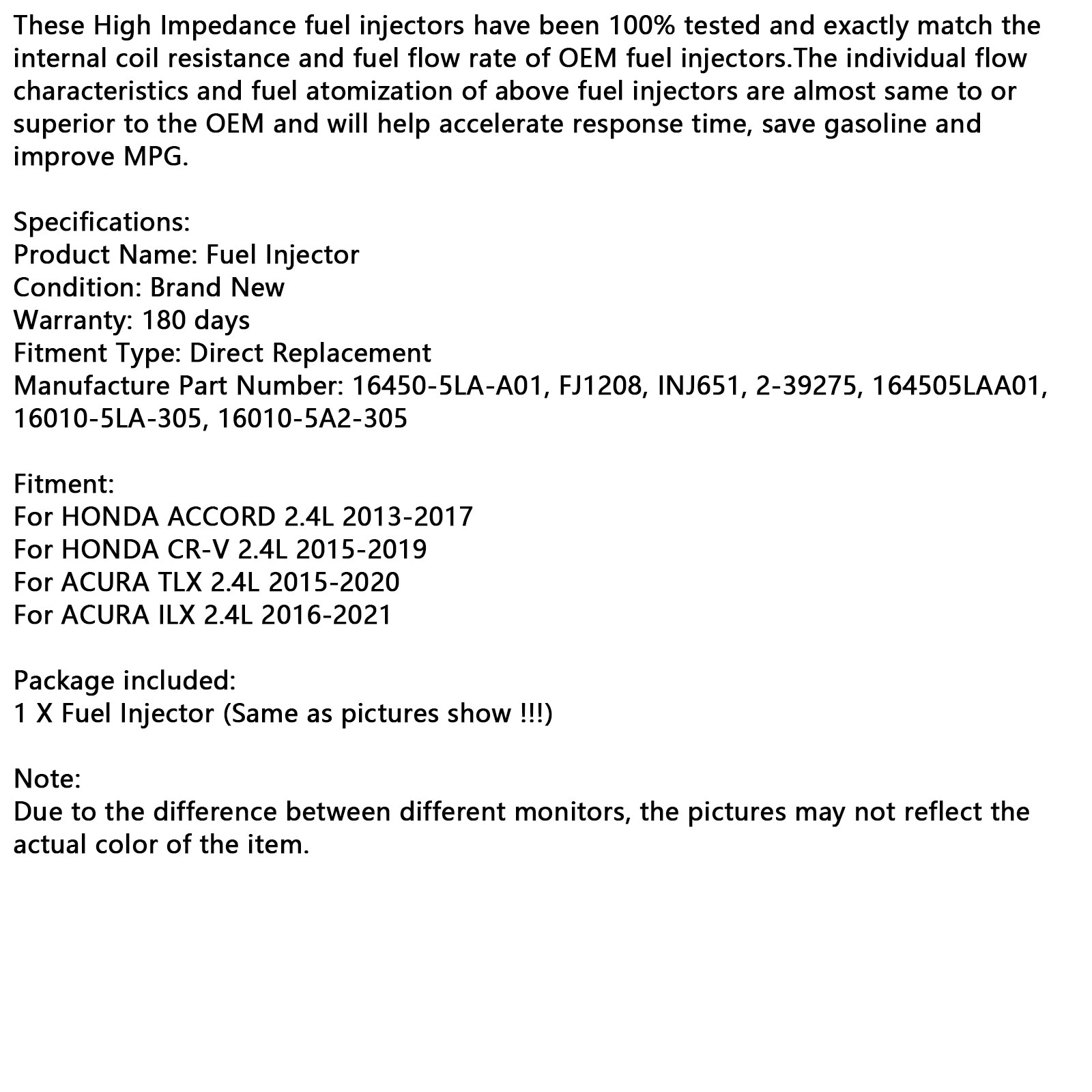 1PCS Fuel Injector 16450-5LA-A01 Fit CR-V TLX 2.4L 2015-2019 Fit Acura