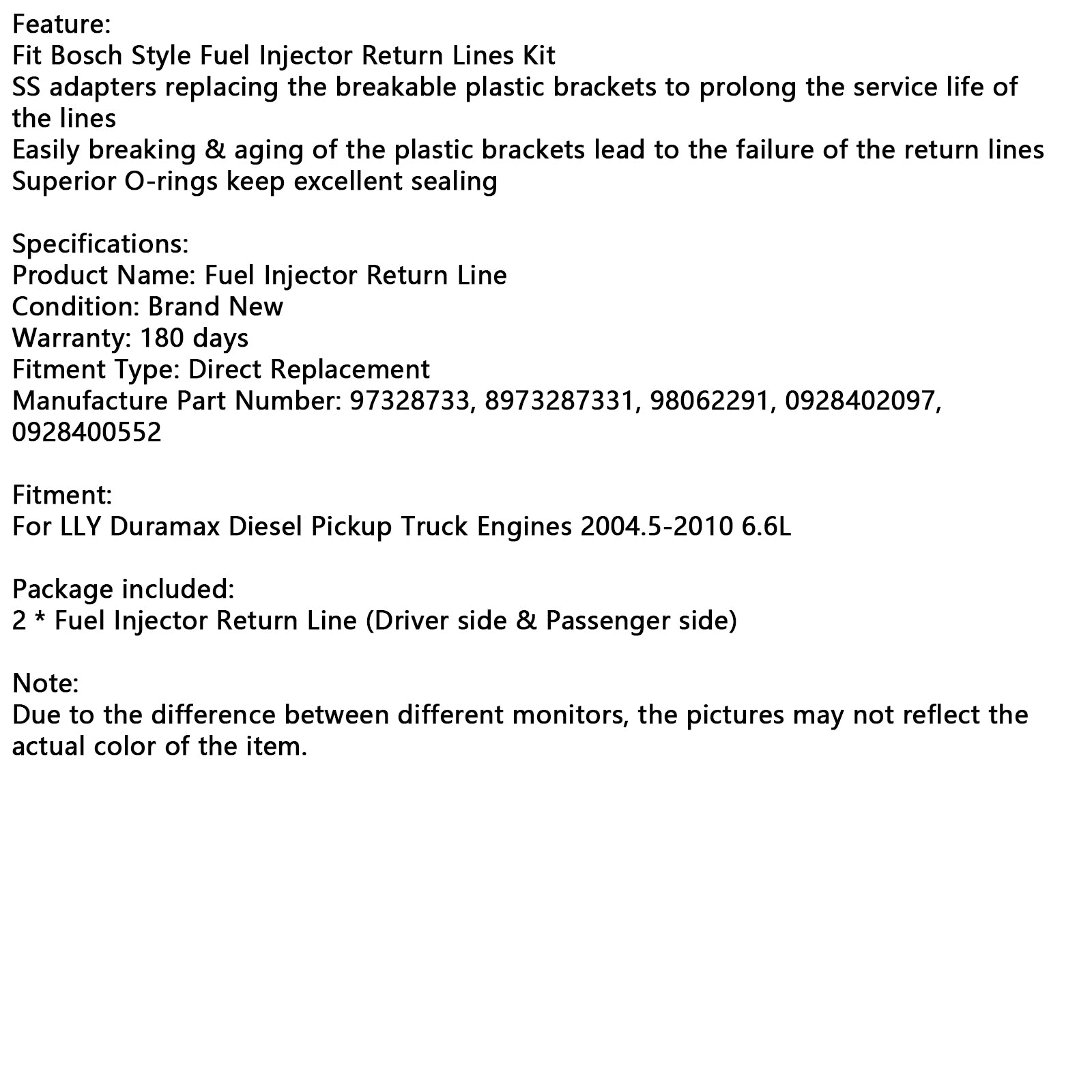 2004-2010 Duramax 6.6L Diesel Truck Motoren Brandstofinjector Retourleiding Kit