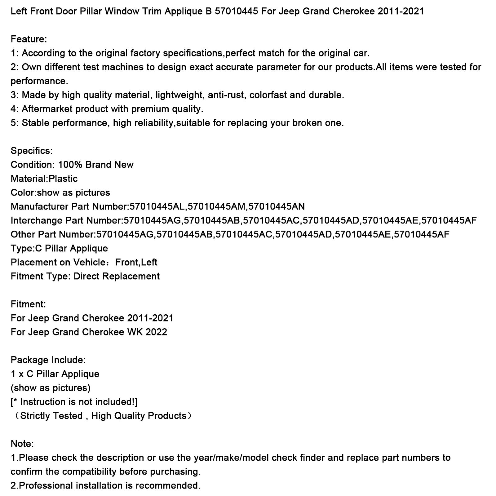 Left Front Door Pillar Window Trim Applique B 57010445 For Jeep Cherokee 2011-2021