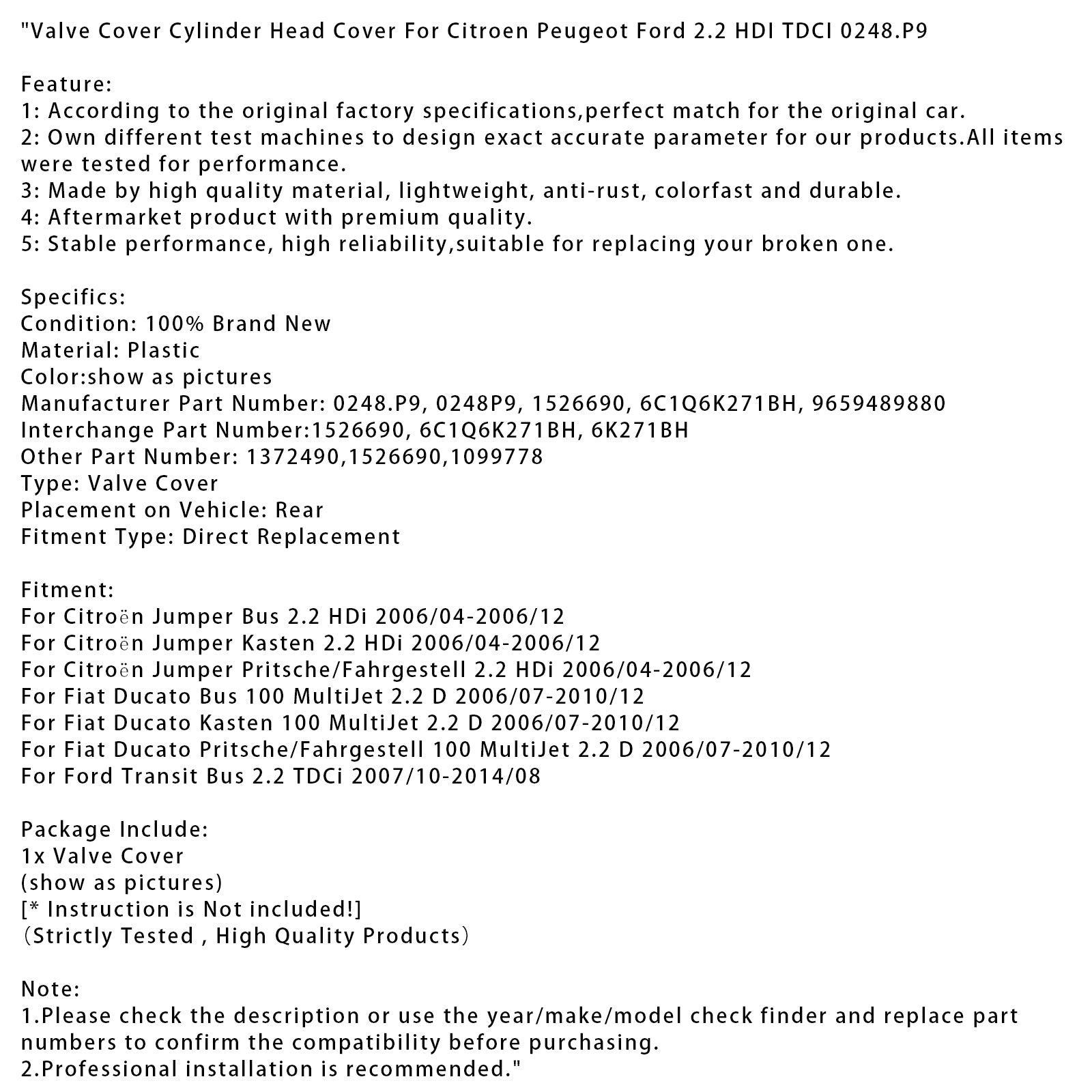 2006/07-2010/12 Fiat Ducato Bus 100 MultiJet 2.2 D Kleppendeksel Cilinderkopdeksel 0248.P9 9659489880