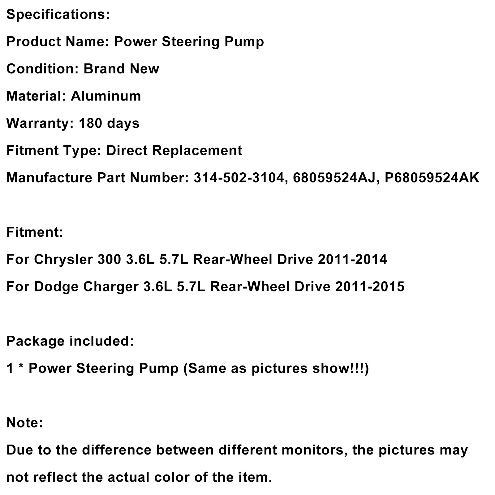 2011-2015 Charger 300 RWD Electric Hydraulic Power Steering Assist Motor Pump