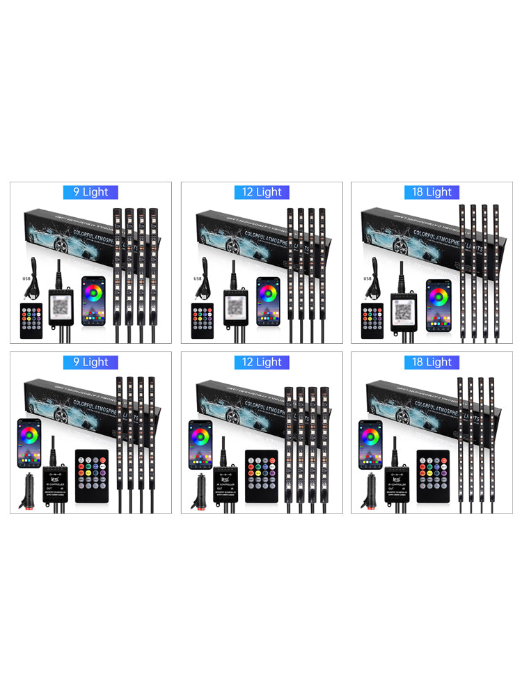 Vnútorná atmosféra vozidla RGB LED pásové svetlá s diaľkovým ovládaním a ovládaním aplikácií