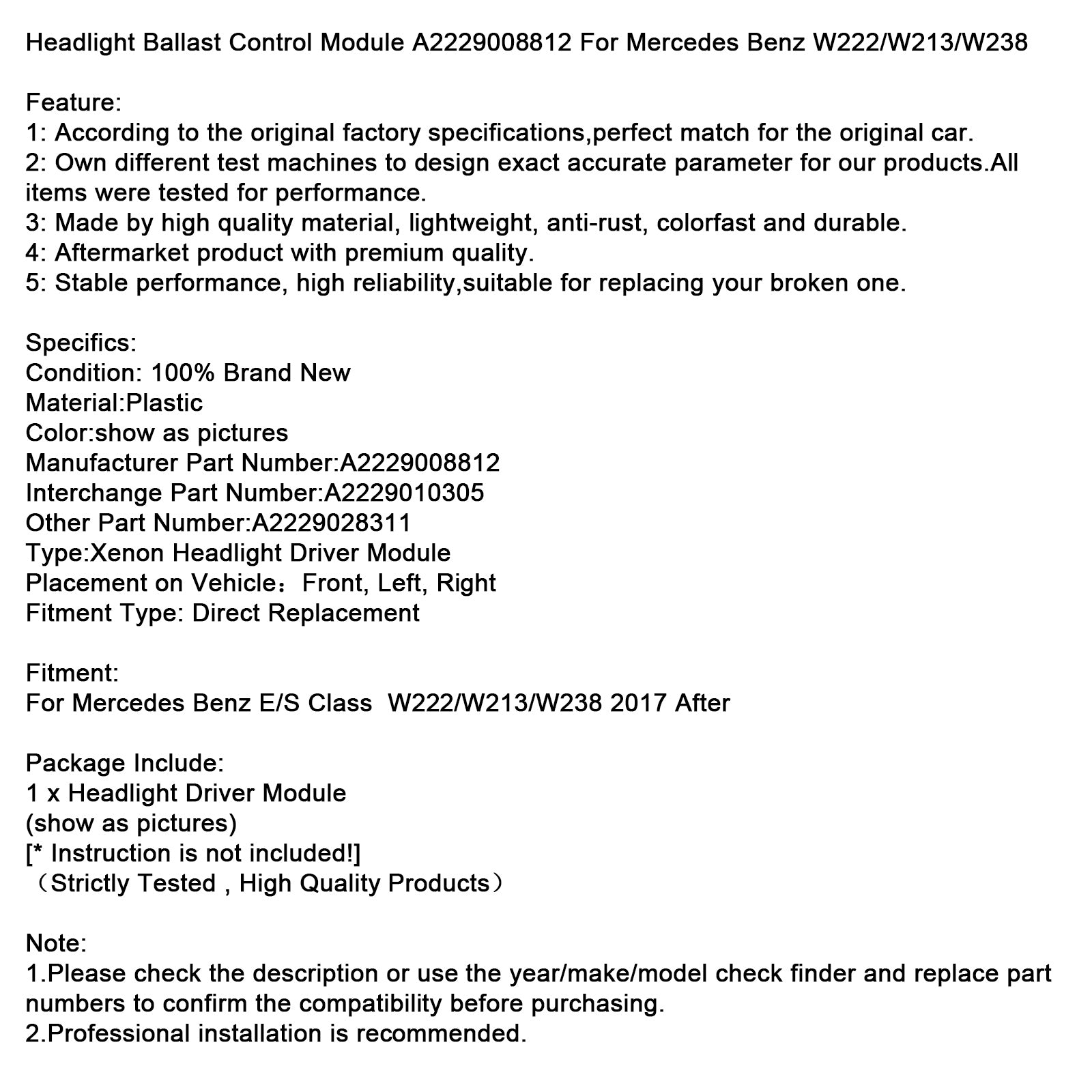 Headlight Ballast Control Module A2229008812 For Mercedes Benz W222/W213/W238