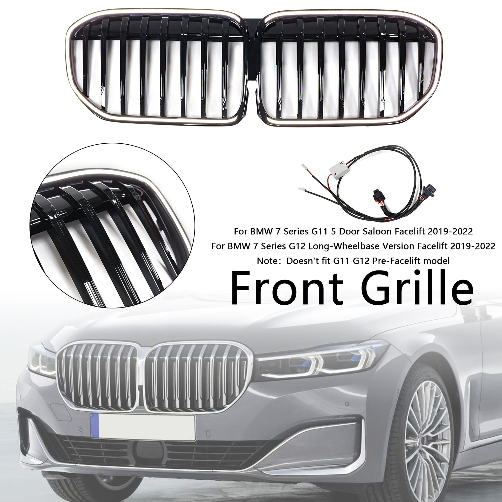 2019-2022 BMW 7 Series G12 Long-Wheelbase Version Facelift Single Slat Gloss Black Front Grill Grille