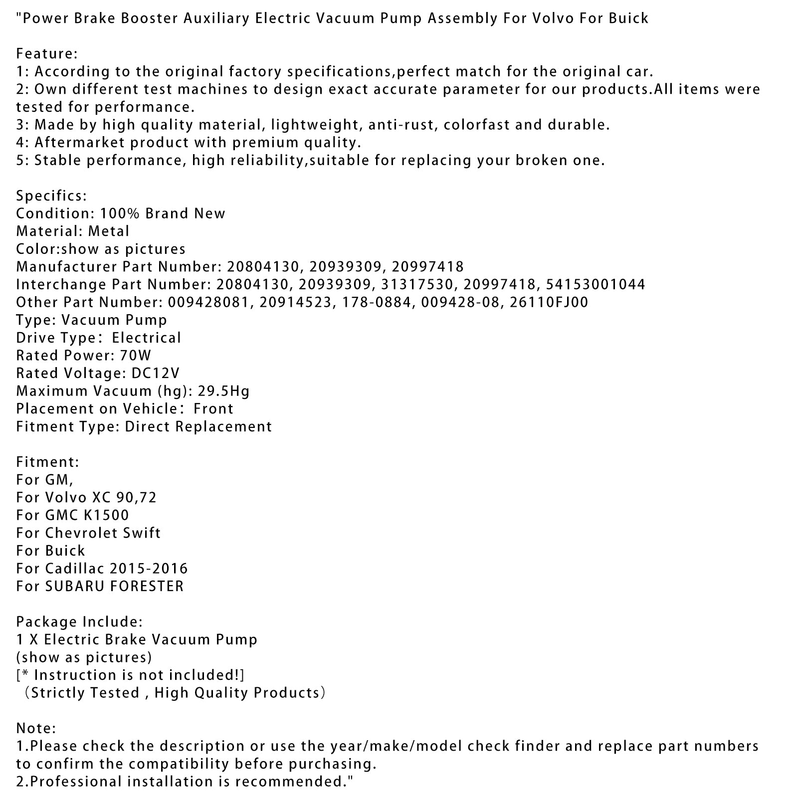 Power Brake Booster Auxiliary Electric Vacuum Pump Assembly för Volvo
