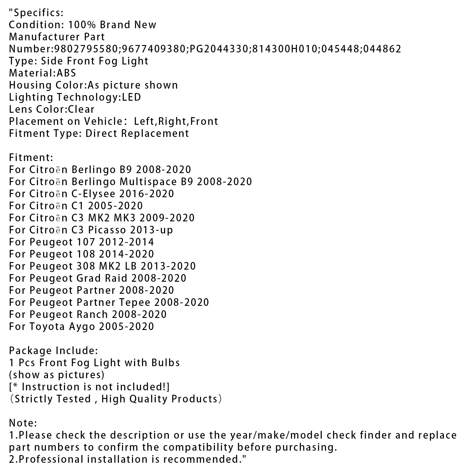 1 ks LED denné hmlové svetlo pre Citroen C3 Berlingo Peugeot 9802795580