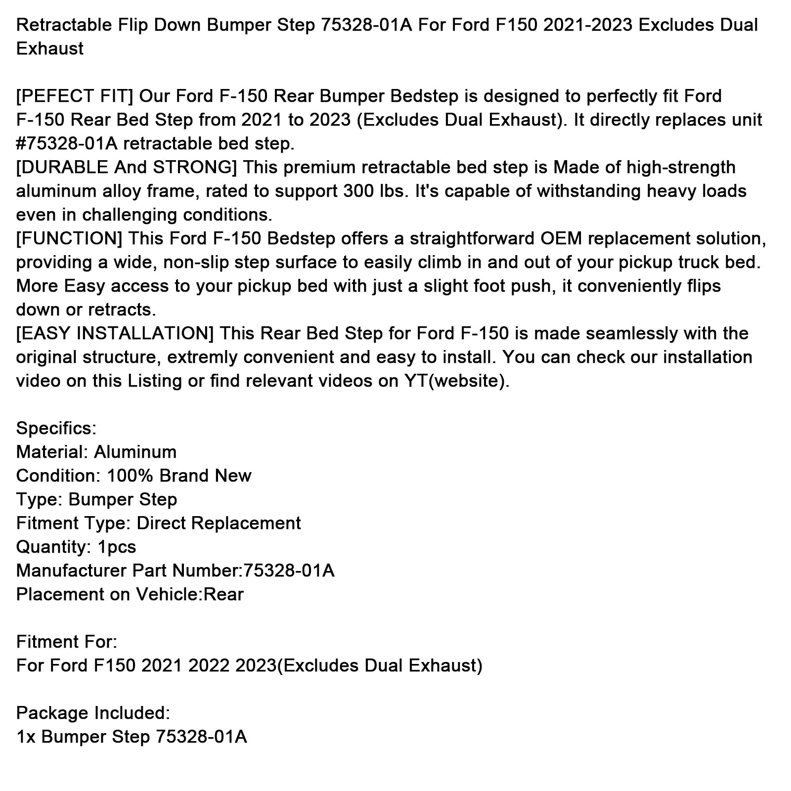 2021-2023 Ford F150 vylučuje dvojité výfukové sklopenie Krok 75328-01a