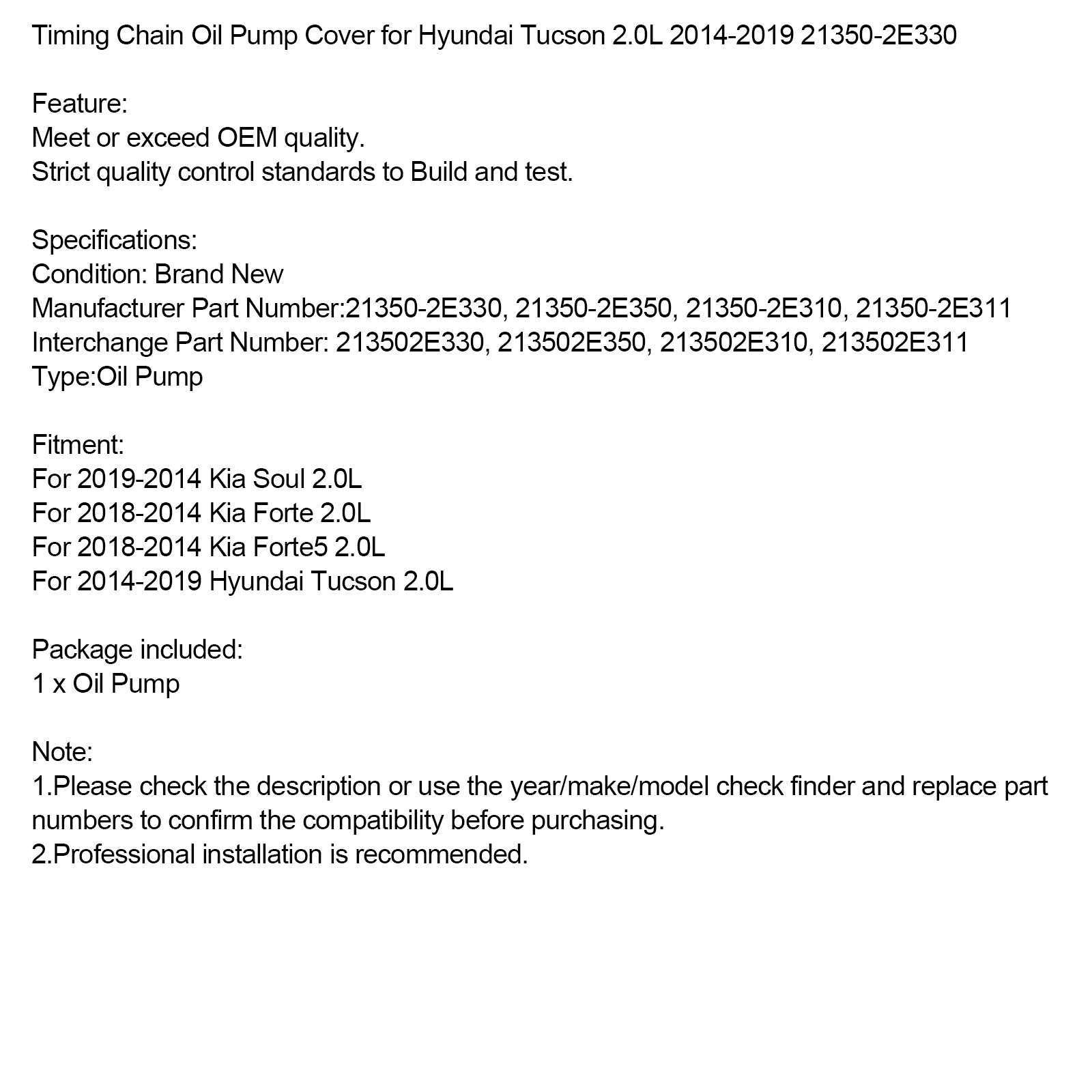 Couvercle de pompe à huile de chaîne de distribution 2014-2019 Hyundai Tucson 2.0L 21350-2E330