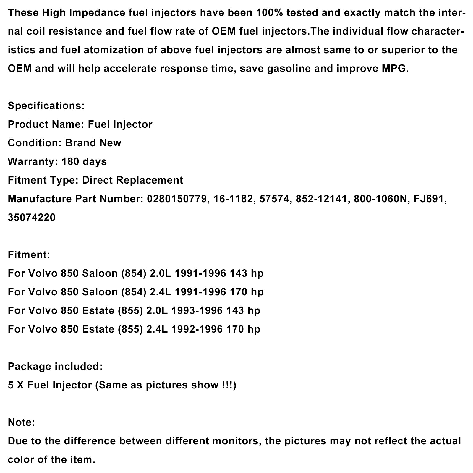 5ks injektor paliva 0280150779 Fit Volvo 850 2,4L 2,0L I5 1991-1997 852-12141