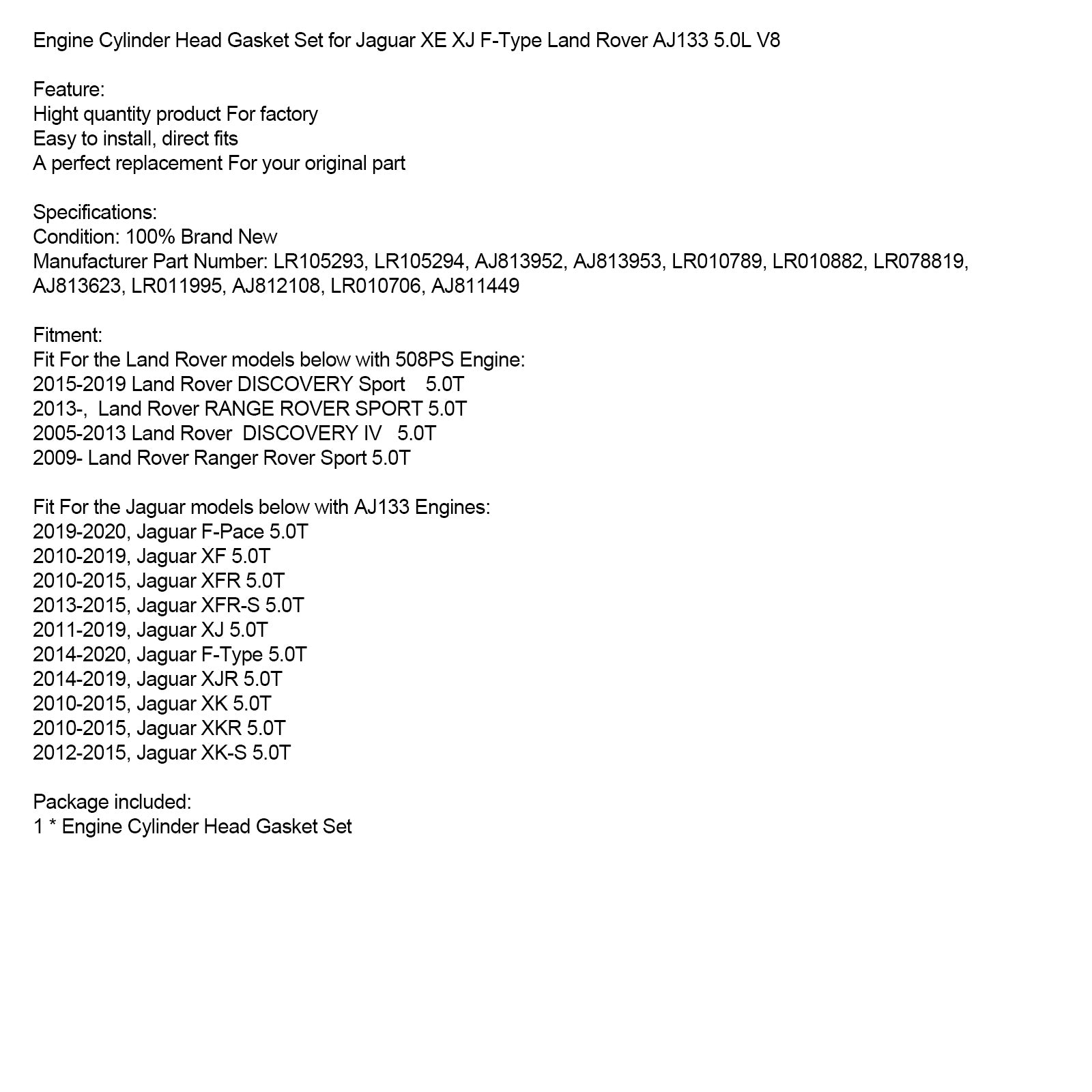 Jeu de joints de culasse de moteur Jaguar XE XJ F-Type Land Rover AJ133 5.0L V8