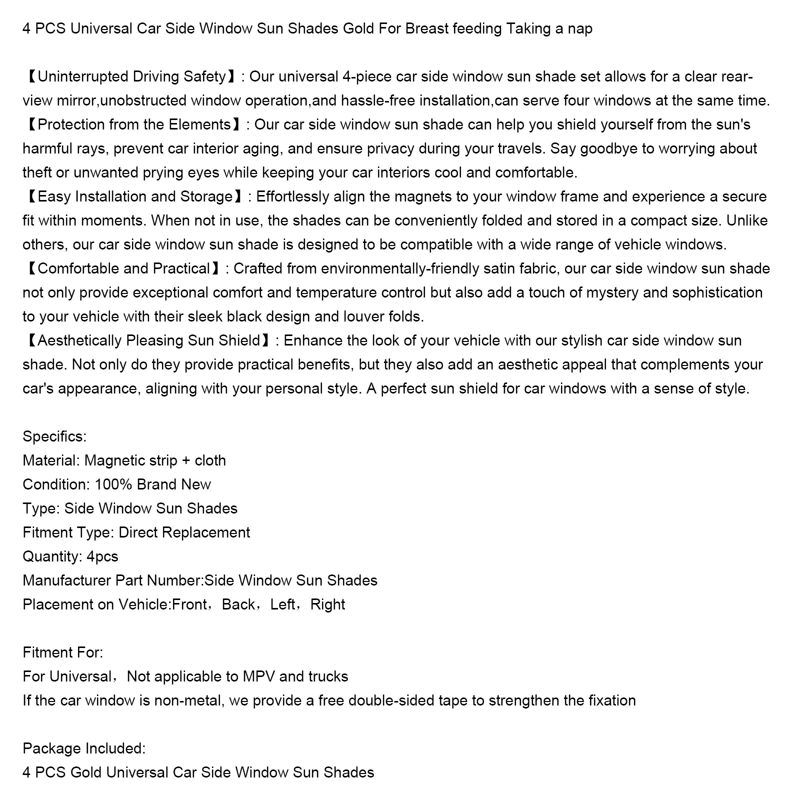 4 ST Universal Bil sidofönster Solskydd Guld För amning Ta en tupplur