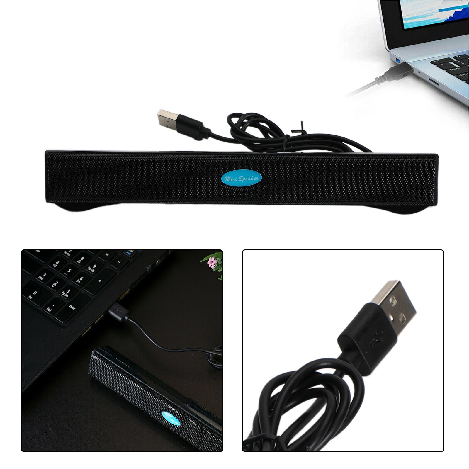 USB Wired Computer Speakers Stereo Sound Bar 3.5mm Jack for Desktop Laptop Black