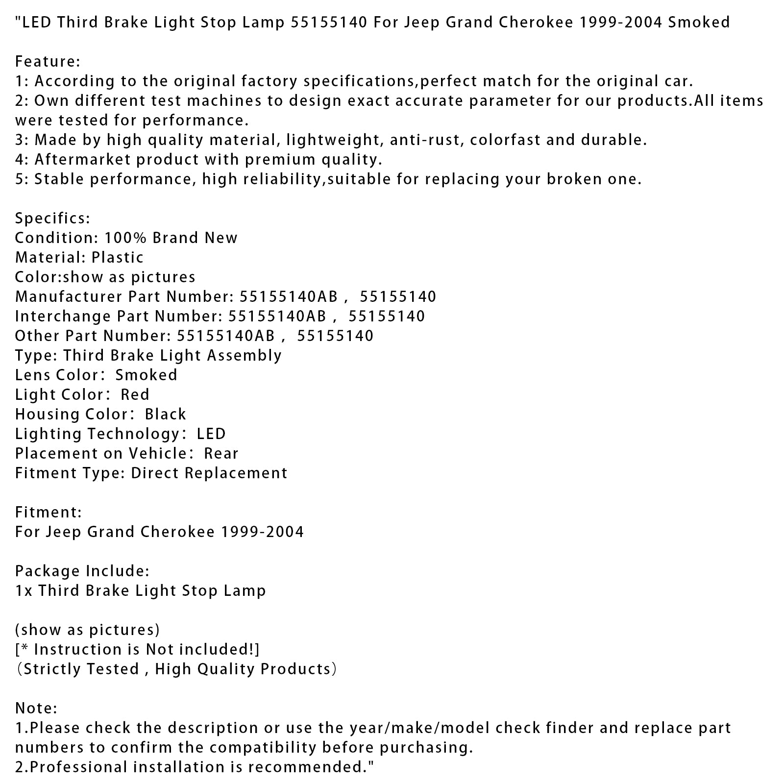 1999-2004 Jeep Grand Cherokee LED Third Brake Light Stop Lamp 55155140 Smoked
