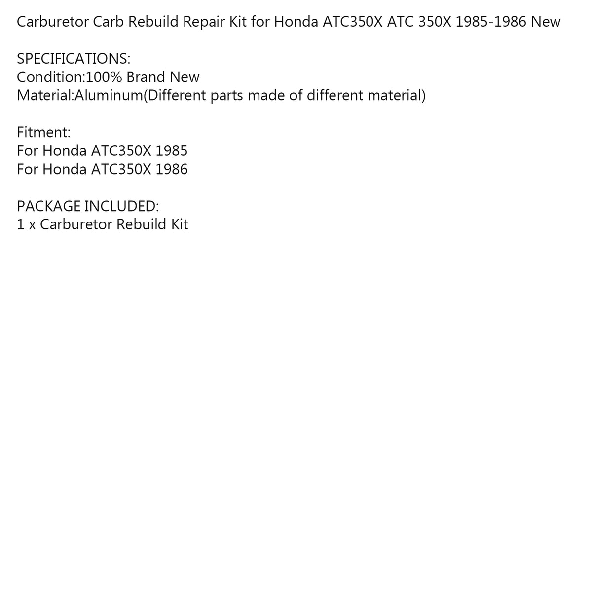 1985 Honda ATC350X Carburetor Carb Rebuild Repair Kit Generic