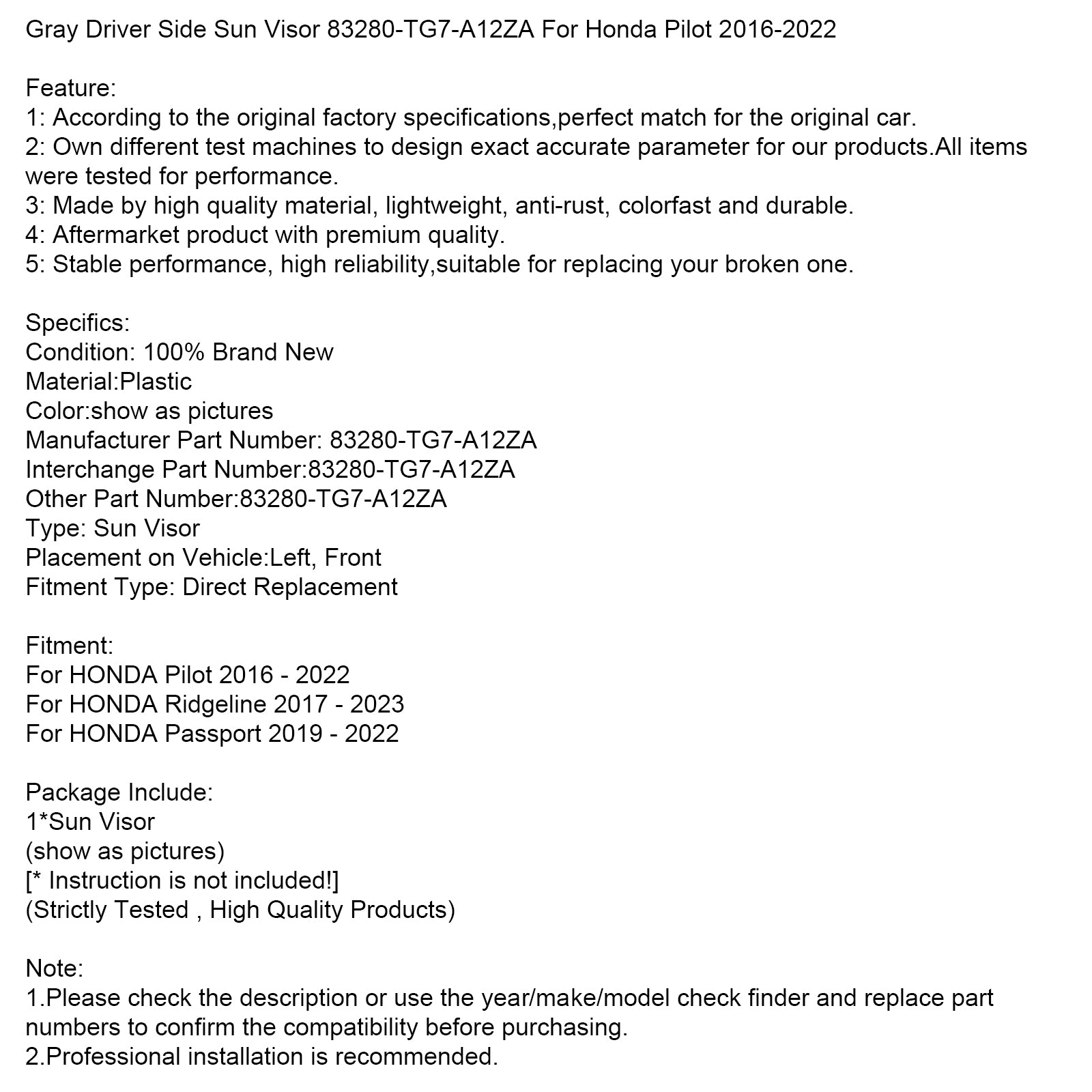 Visera lateral izquierda gris 83280-TG7-A12ZA para Honda Pilot 2016-2022