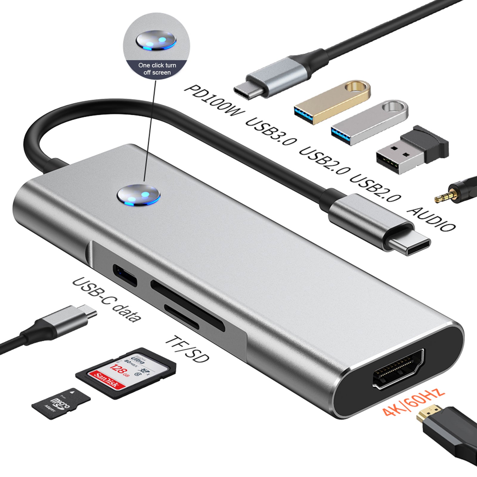 9 in 1 TYPE-C+USB3.0 USB2.0 HDMI SD/TF PD100W Hubadapter voor audiogegevensinterface